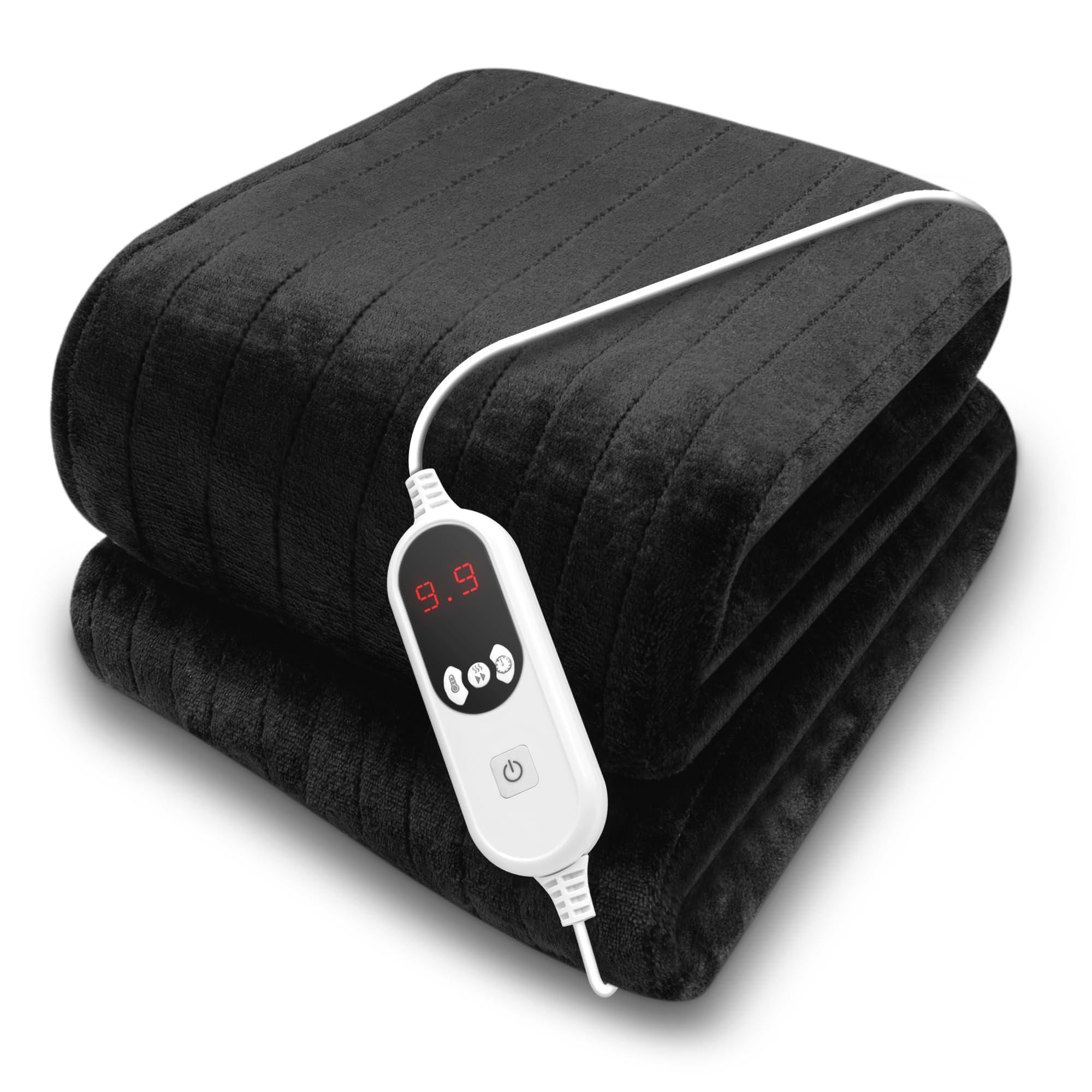Purus (Black) Xl Double Electric Heated Throw Blanket Soft Fleece 9 Heat & 12 Timer Settings