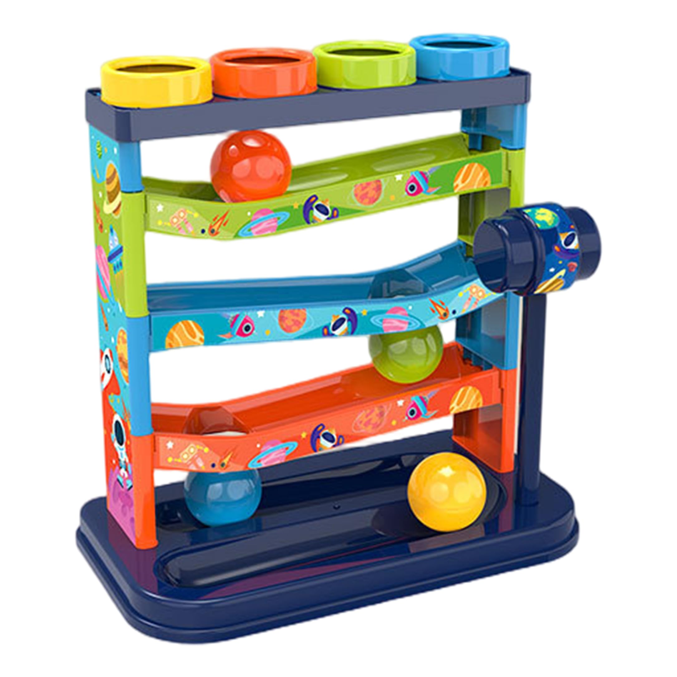 Temeemeg Montessori Ball Drop Toy with 4 Balls / 1 Hammer/ 4 layer Ball Drop Tower Toddler Educational Assembly Toy