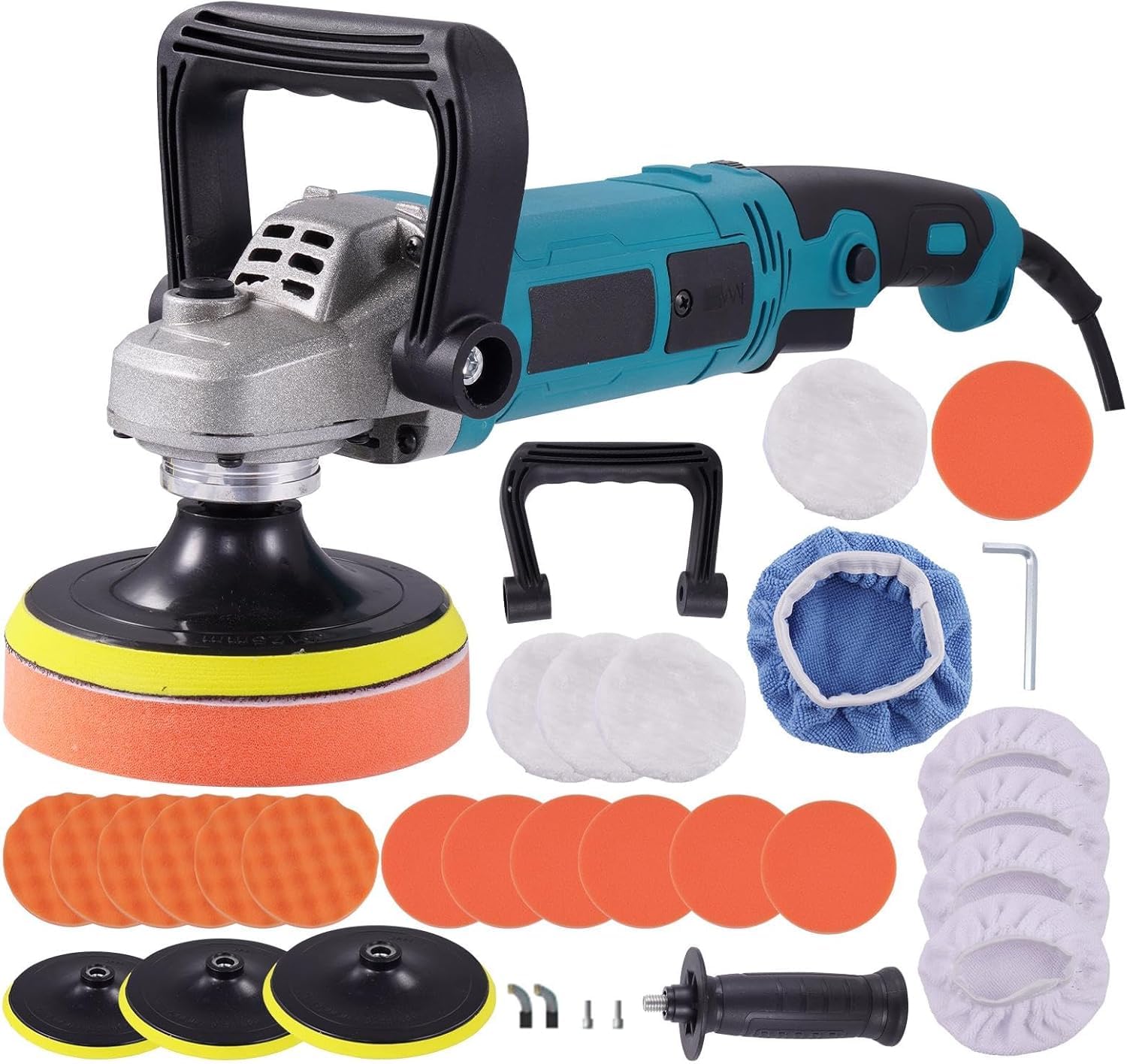 Polisseuse automatique 1600W avec 6 vitesses variables | Kit de polissage avec manche amovible bleu, tampon de polissage, éponge de polissage, peau à polir, ensemble de polisseuse