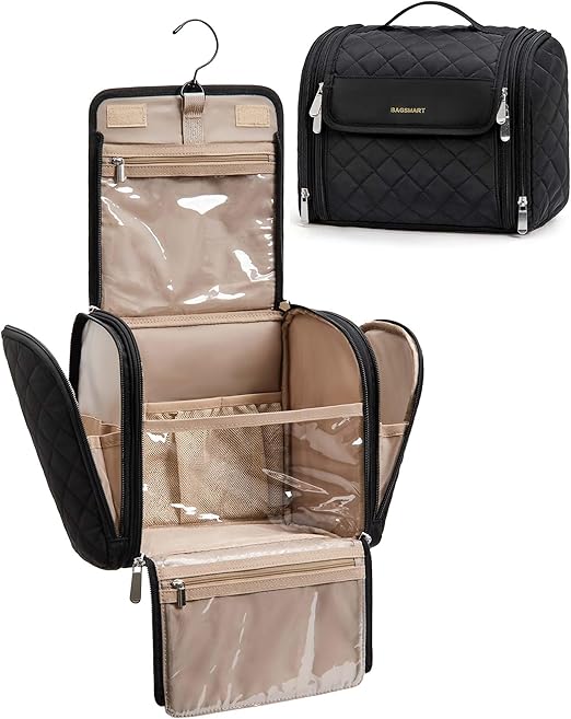 BAGSMART Makeup Bag for Women with Hanging Hook - Portable Cosmetic Case, Large Capacity Door Room Essentials Travel Organizer for Full Sized Cosmetics and Toiletries, Black