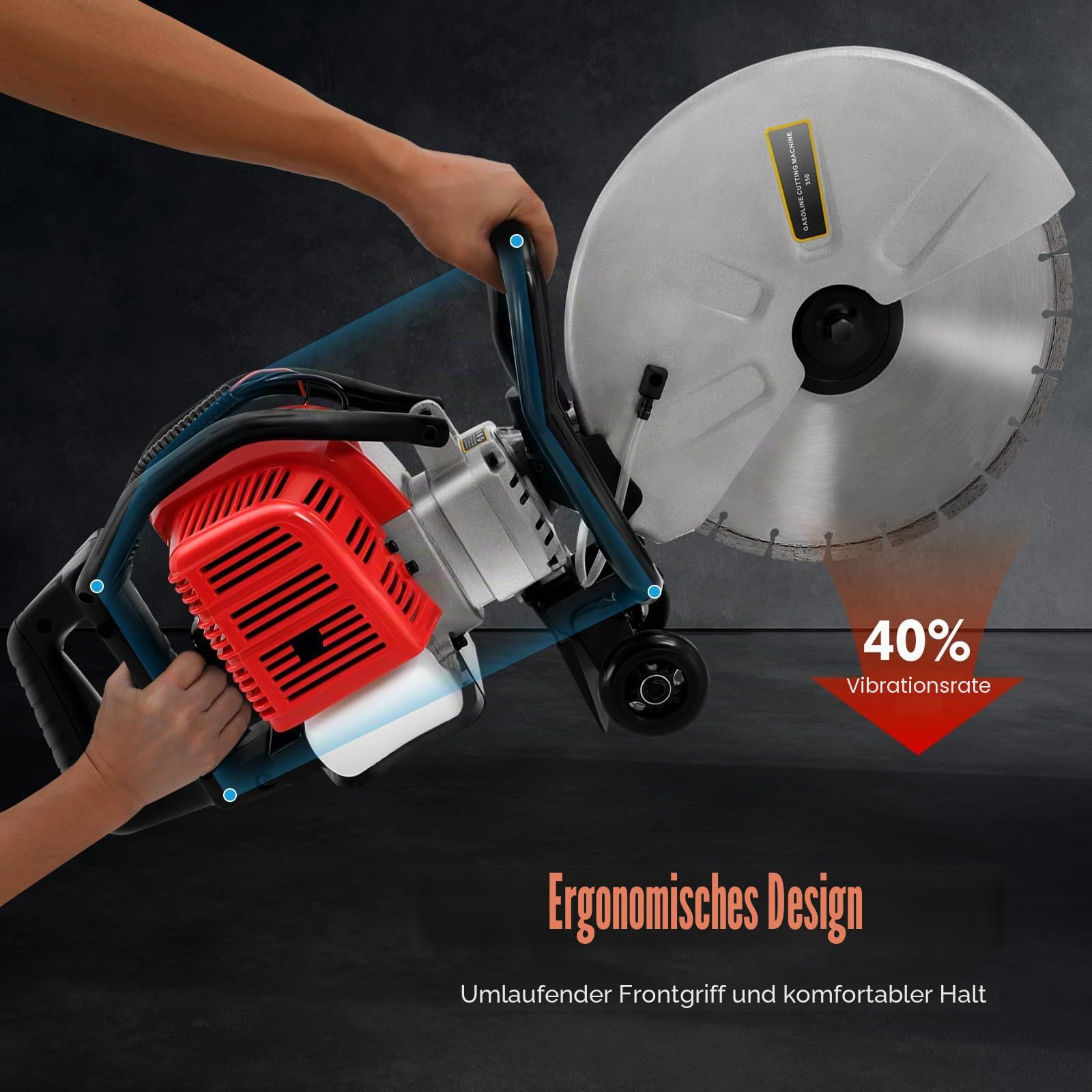 2-Takt Benzin Betonschneider, 1400W 52CC BetonschneidesäGe BetonsäGe, Trocken Und Nassschneider Mit 350Mm SäGeblatt, 1800RPM SteinsäGe SäGe Kreisbetonschiebe FüR Beton, Granit, Baustelle