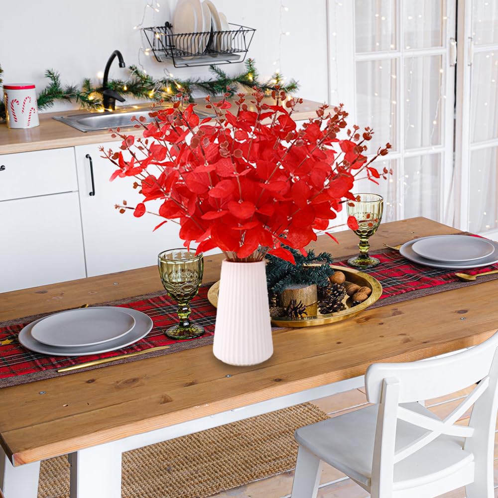 DIYDEC Künstliche Weihnachtsblumen, 2 Stile, rote Eukalyptus-Stiele für Tischdekoration, künstliche Eukalyptusblätter, Zweige für Weihnachtsbaum, Zuhause, Party-Dekoration, 18 Stück