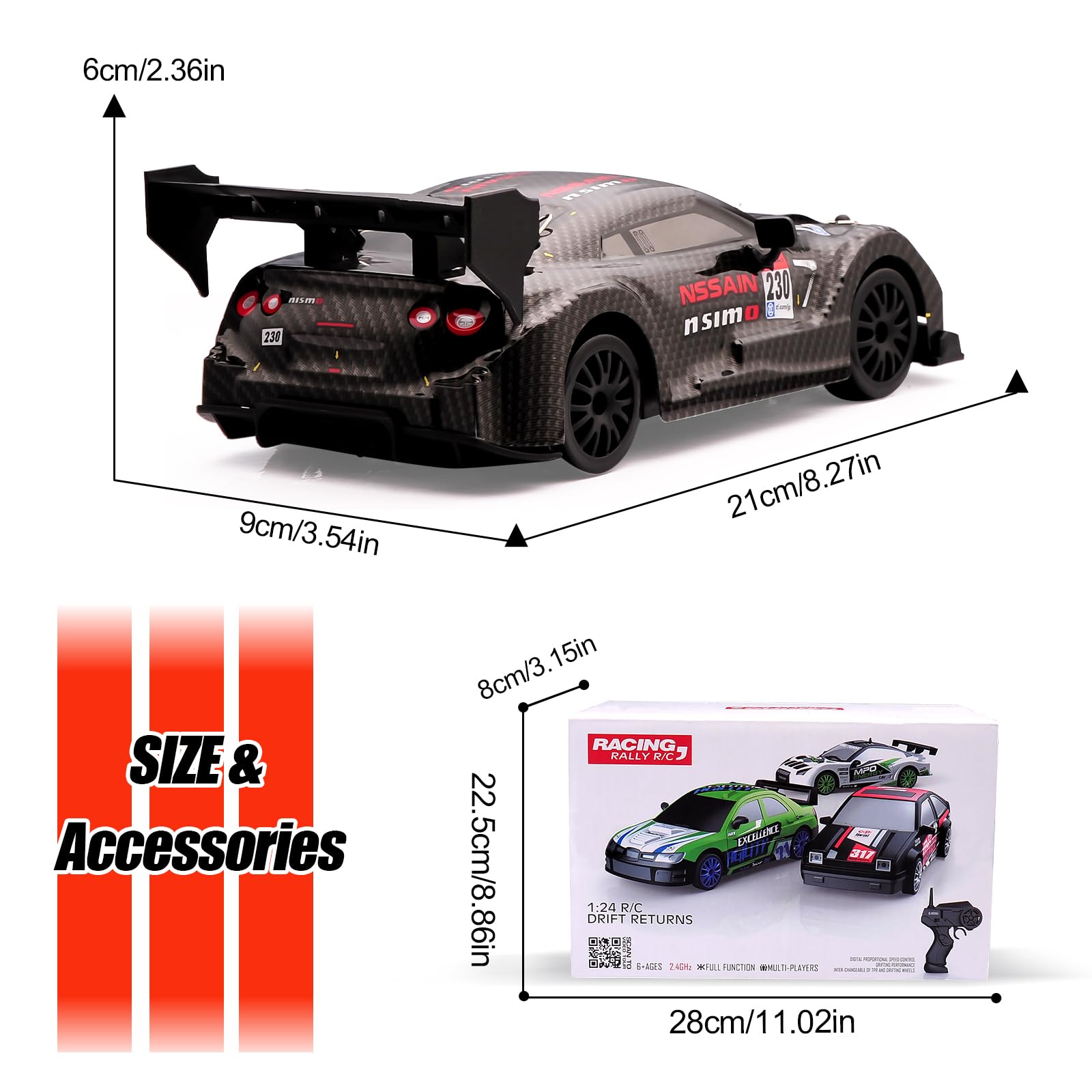 1:24 Scale RC Drift Car,4WD 2.4GHz High Speed Racing Hobby Sport Toy Car Vehicle with LED Lights,Racing and Drift Wheels for Adult Boys Girls Kids Gift (8601-Black)