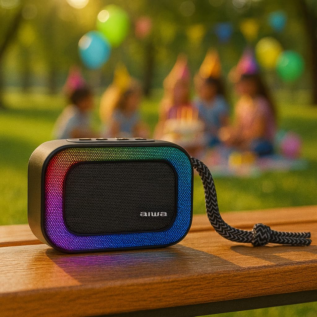 Aiwa BST-130TN | Altavoz Bluetooth portátil 5 W | Iluminación RGB y Radio FM | Bluetooth 5.3, TWS y Manos Libres | Reproducción USB, microSD y AUX-IN | Color Negro/RGB