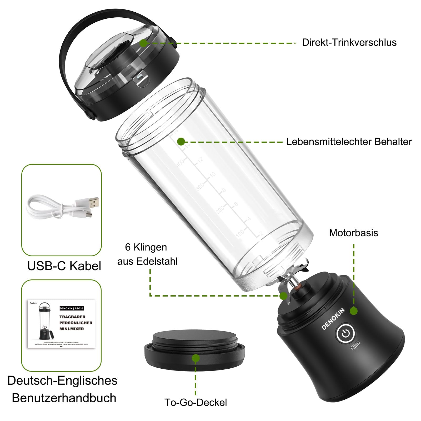 DENOKIN Tragbarer Mixer mit Trinkdeckel, 500ml, Mini Standmixer für Unterwegs, Wiederaufladbar mit USB-C, Kabellos Smoothie Maker to Go für Smoothies, Shakes, Schwarz