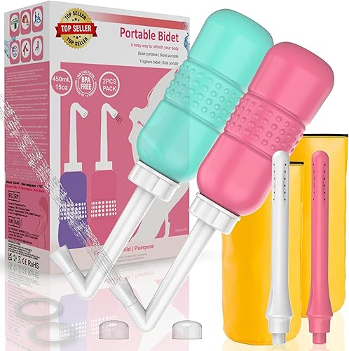 Paquete de 2 unidades de lavado íntimo 2 en 1 para mujer, 2 boquillas (corto + largo), bidé portátil de viaje con tapa impermeable + bolsa de