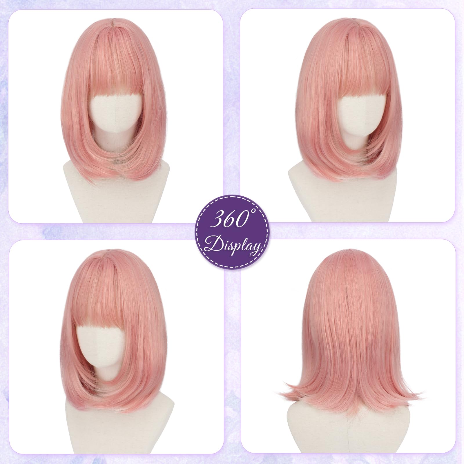 RUWISS Dritto Rosa Bob Parrucche con Frange，35cm Spalla Lunghezza Parrucca per Donna Charming Bob con Bangs Fibra Sintética Resistente per Uso