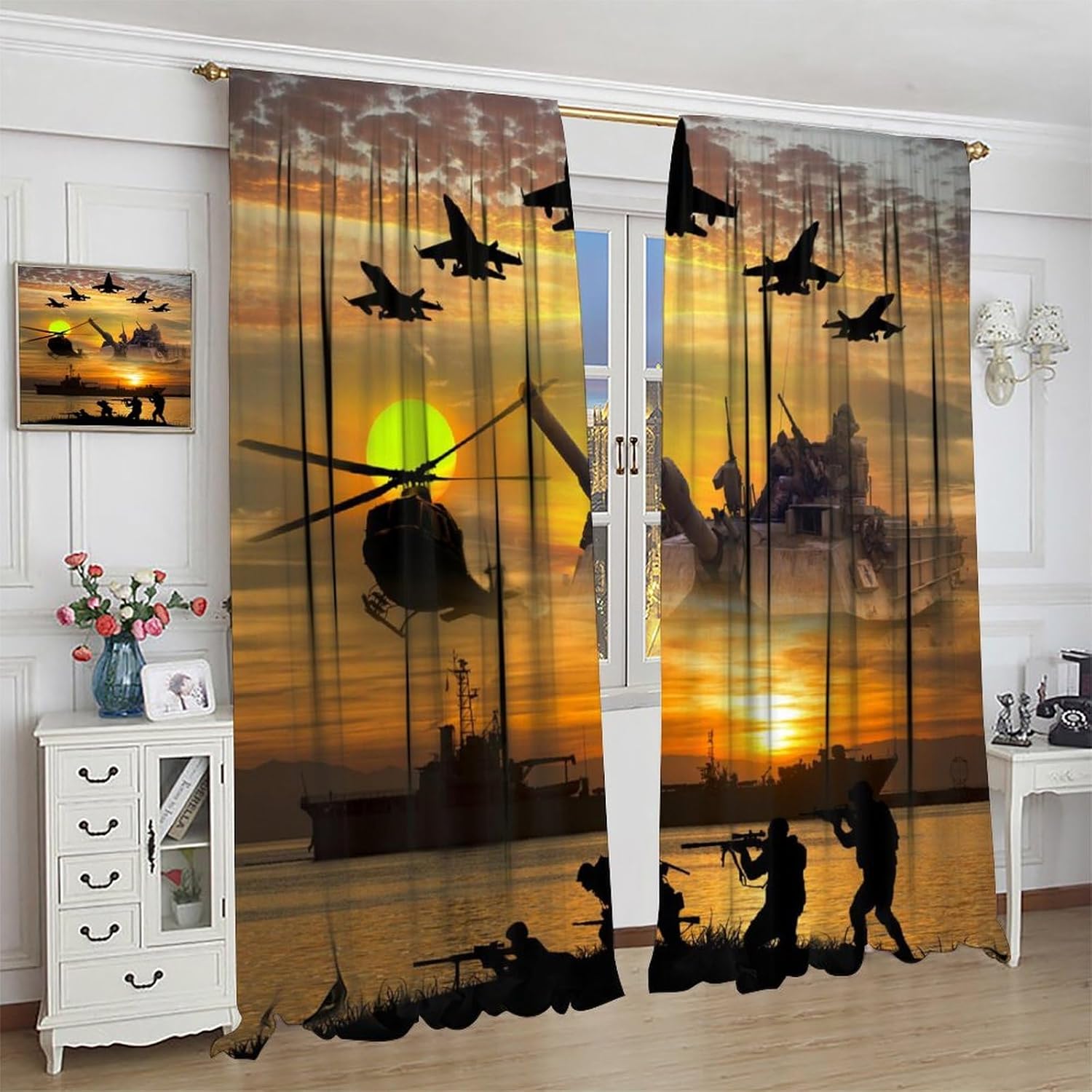 Brebasf Cool American Soldier Theme Blackout Curtains for Bedroom,Rustic Teen Room Decor Fighter Aircraft Print Room Darkening Window Curtains with Rod Pocket - 2 Panels 45" L x 21" W