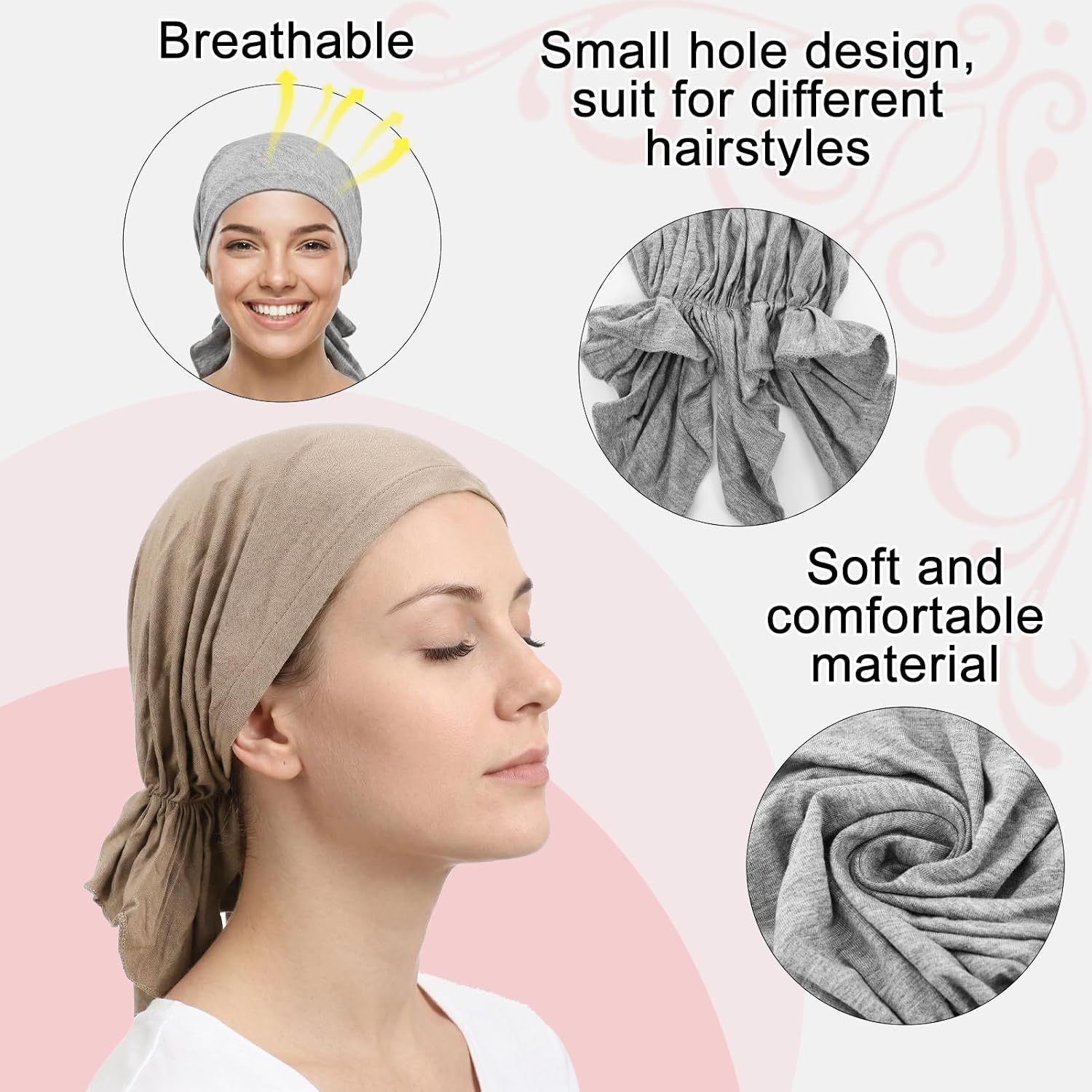6 Pcs Womens Pre-Tied Head Scarves Slip On Chemo Headwear | Turbans Beanie Caps Head Wrap Headscarf, Solid & Floral Pattern, Soft Breathable, for Hair Loss Sleeping Daily Wear