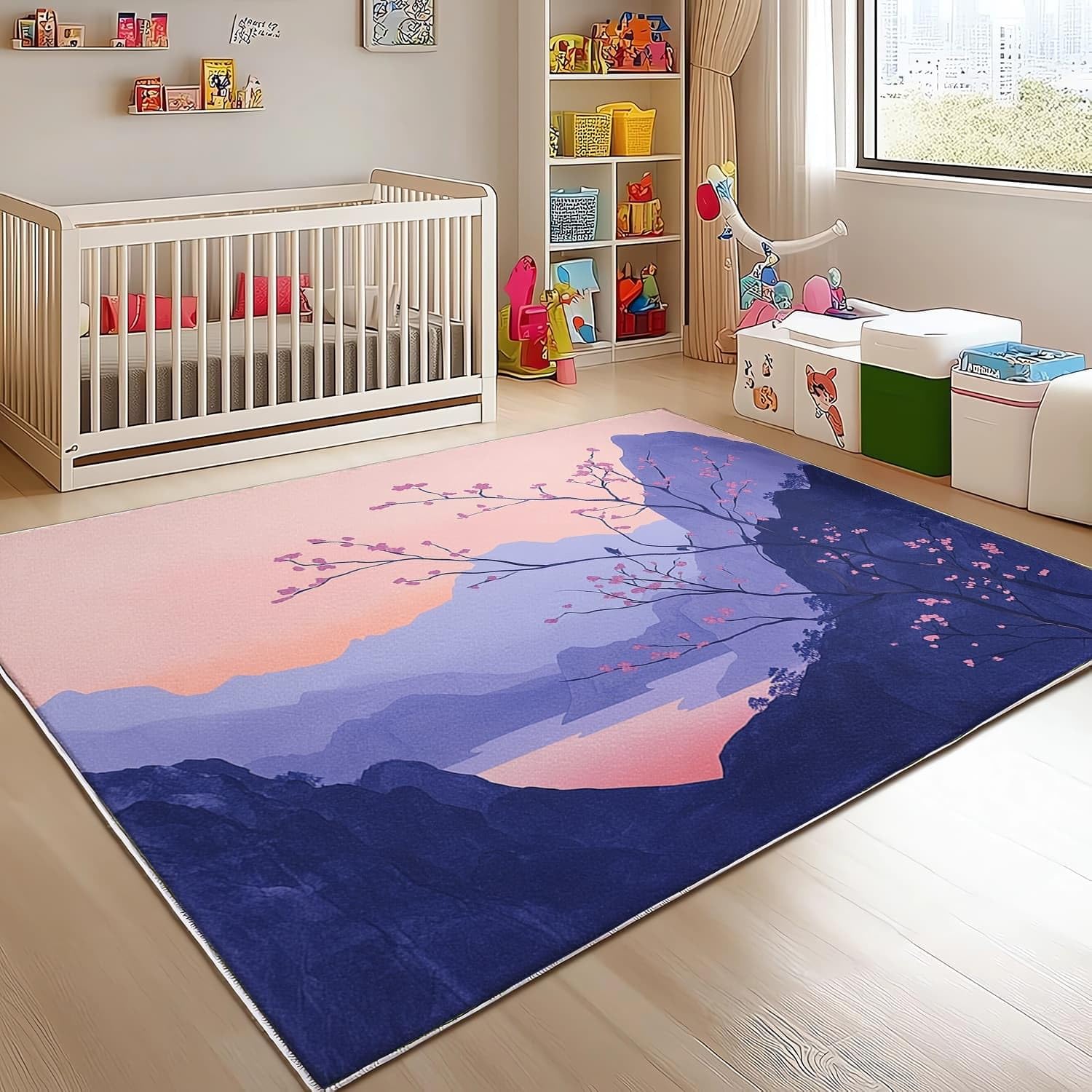 80x150 cm Alfombras Antideslizante y Lavable a Máquina Pintura a tinta de montaña natural Alfombras Impresión Suave Esponjoso Modernas Púrpura Para Dormitorio Habitación Infantil Oficina Sala de Estar