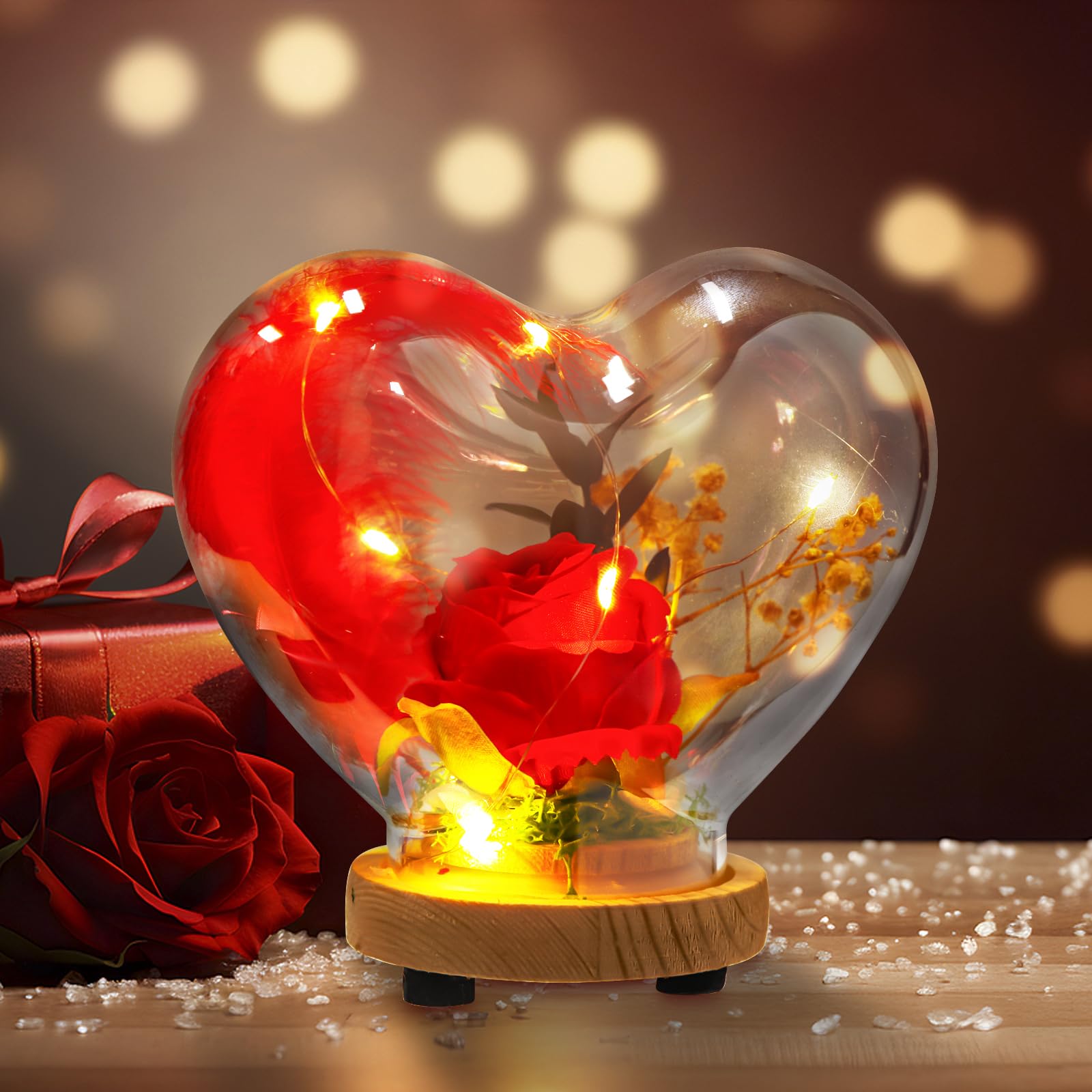 Rose Heart Glass Cover Handmade Preserved Rose for Her Valentines Day Gift For Girlfriend Women Corazón de rosa Oso rosa Artificial Flower Rose Glaxy Rose LED Light Christmas Home Decor (Rose set 1)