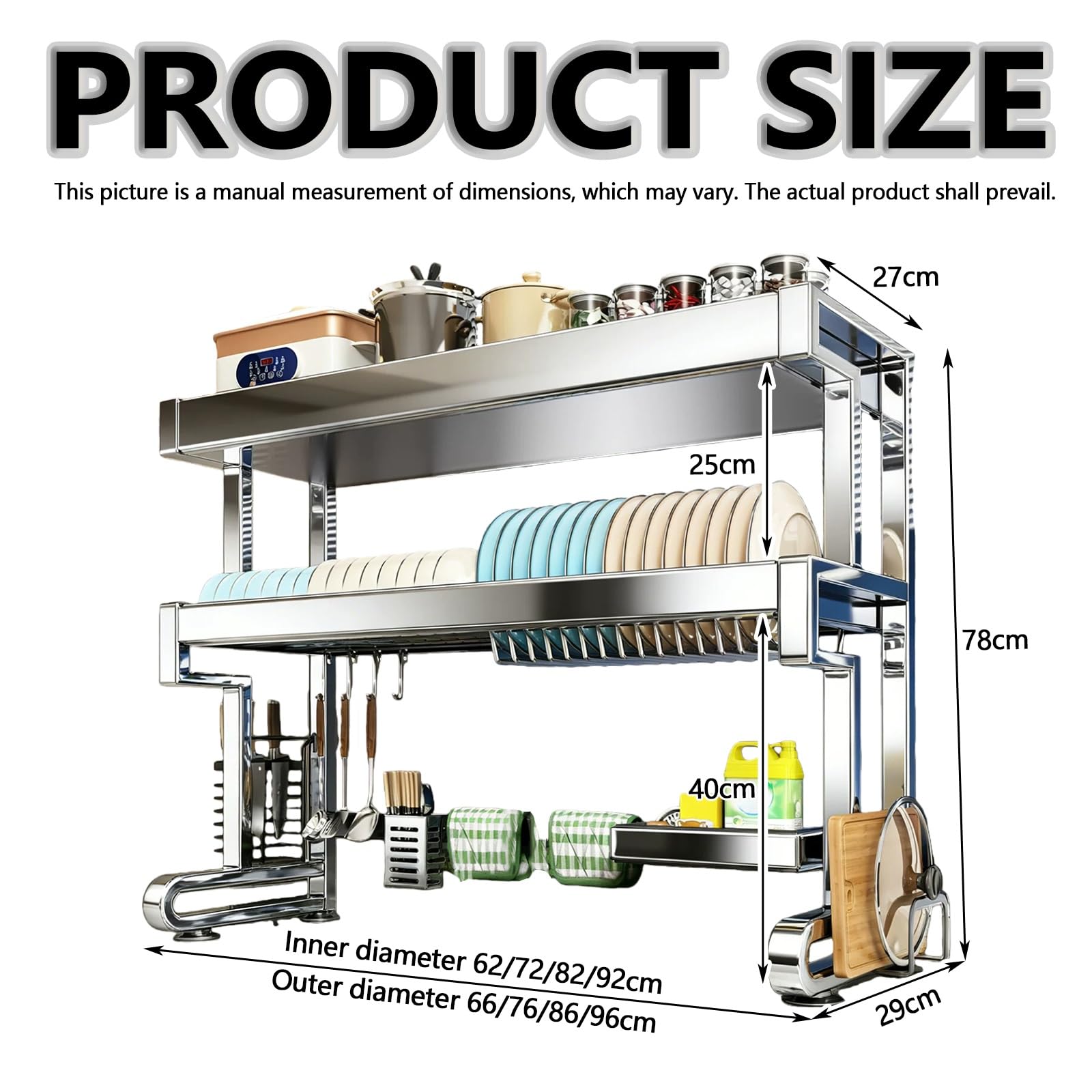 Doble capa Escurridor Platos Cocina organizador, scola piatti da appoggio sopra lavandino, Ahorra espacio Escurre Porta Cubiertos, Cocina cubiertos platos, con ganchos, portacuchillos.(76cm)