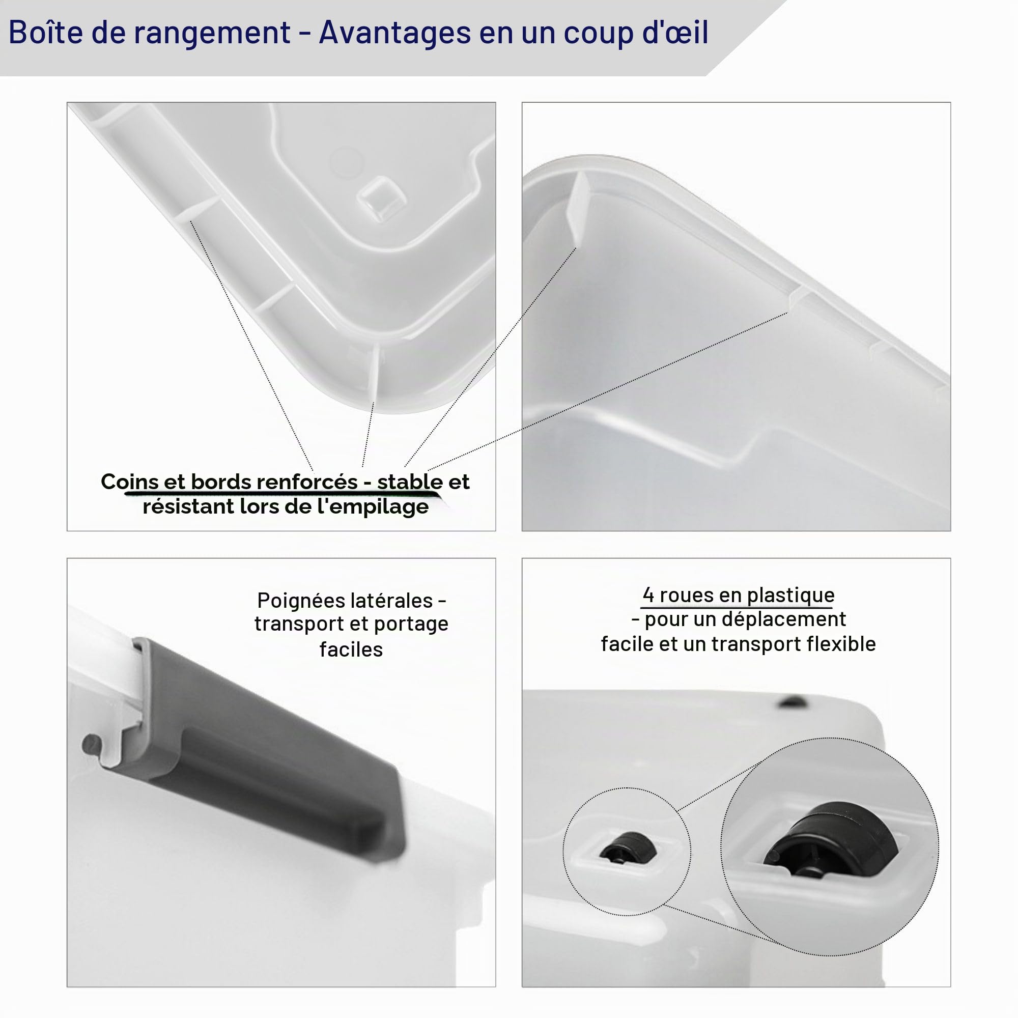 PROREGAL Boîte de rangement avec couvercle 45L en lot de 6, grande, roulettes, en plastique transparente empilable, clips de fermeture, conteneur de stockage pour la cuisine et le ménage