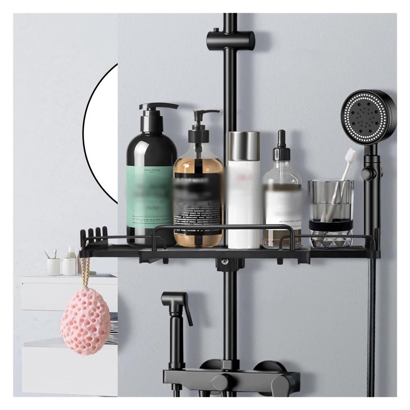 Mensola da doccia estensibile senza foratura, vassoio per shampoo e doccia, accessori da bagno (nero)