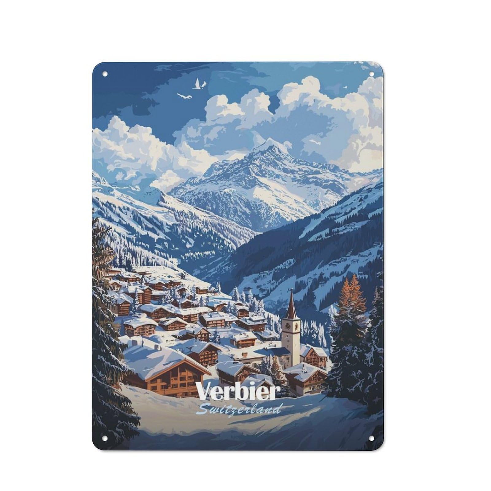 Classic Verbier Switzerland Mountain Village Metal Wall Plaque 40x30cm, Nostalgic Wall Art for Living Room, Hallway, Kitchen Or Cafe