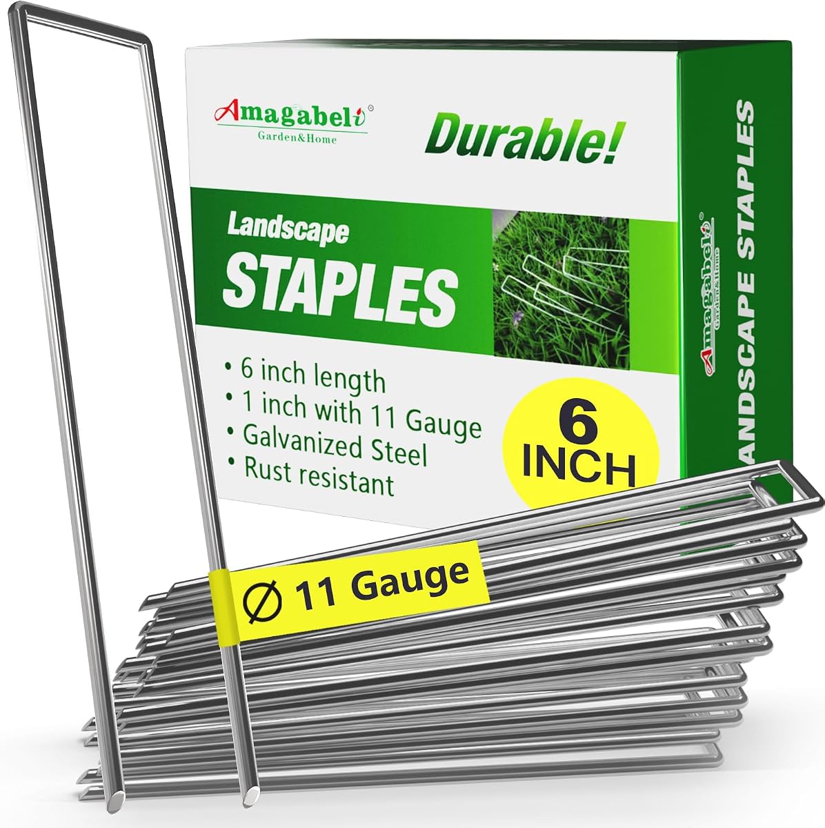AMAGABELI Paquete de 200 grapas galvanizadas para paisaje de 6 pulgadas, calibre 11, estacas de jardín resistentes a la oxidación, estacas para cubiertas de plantas, estacas para vallas en forma de U para barrera contra malezas, tubos de riego, césped, decoración