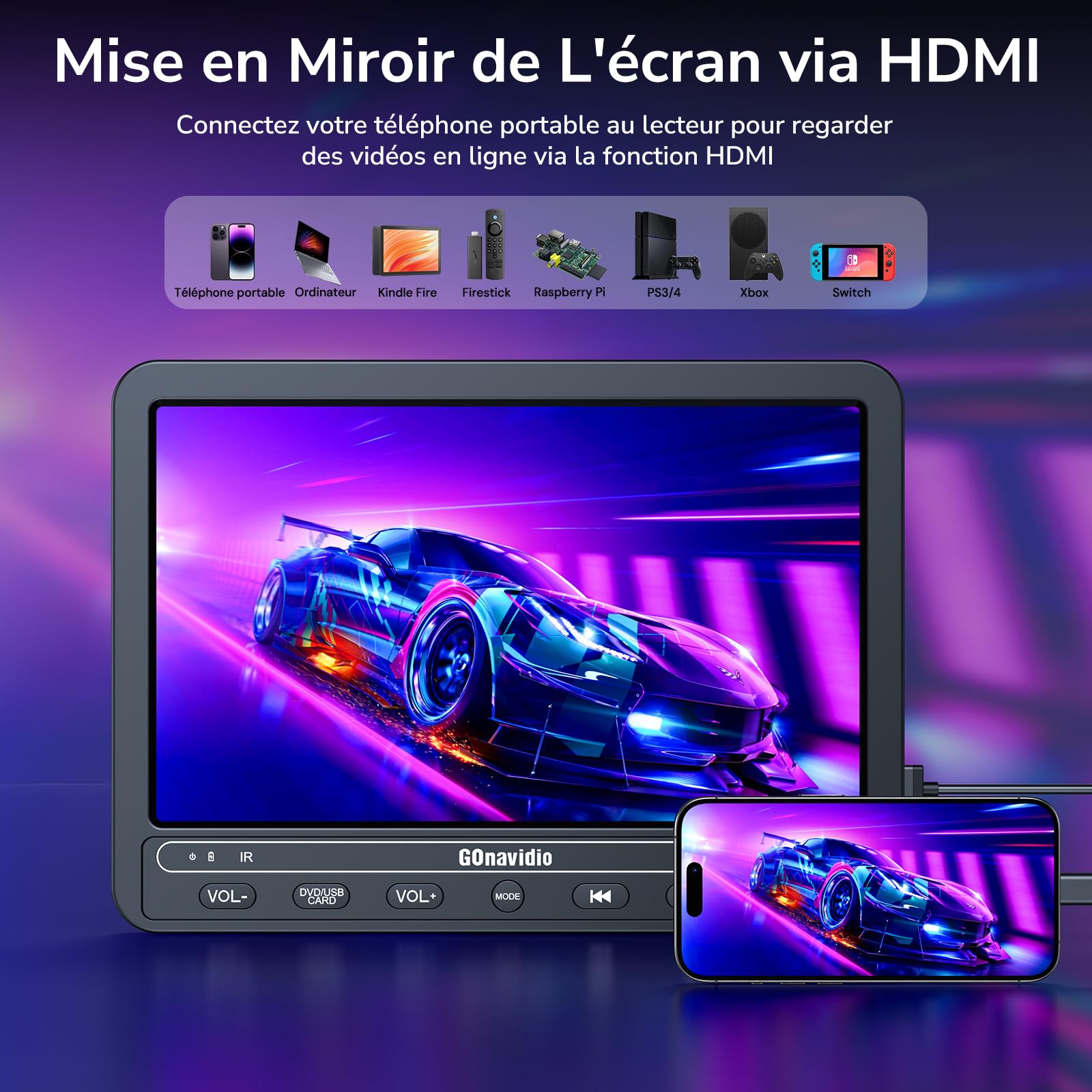 GOnavidio Lecteur DVD portable10,5 Pouces avec HDMI Input, 5 Heures de Batterie Rechargeable, Lecteur DVD Voiture, connecté au téléphone, ecran Enfant appuie tête Equipé Casque