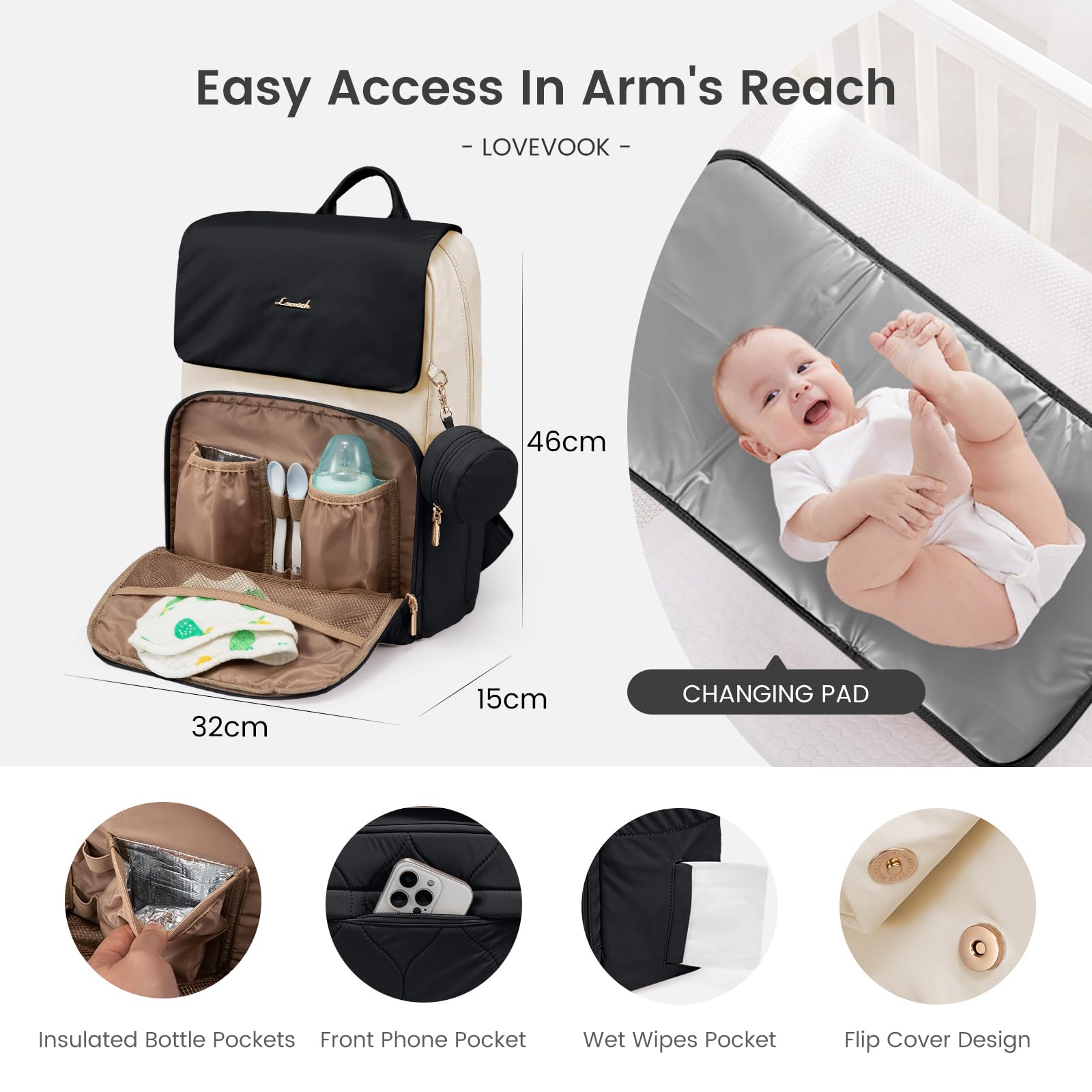 LOVEVOOK Wickelrucksack Groß Wickeltasche Rucksack Diaper Bag für Mama Papa | Lässig Babytasche mit Wickelauflage, Schnullerhalter & Kinderwagengurte, Multifunktional Windeltasche Kliniktasche Geburt, L