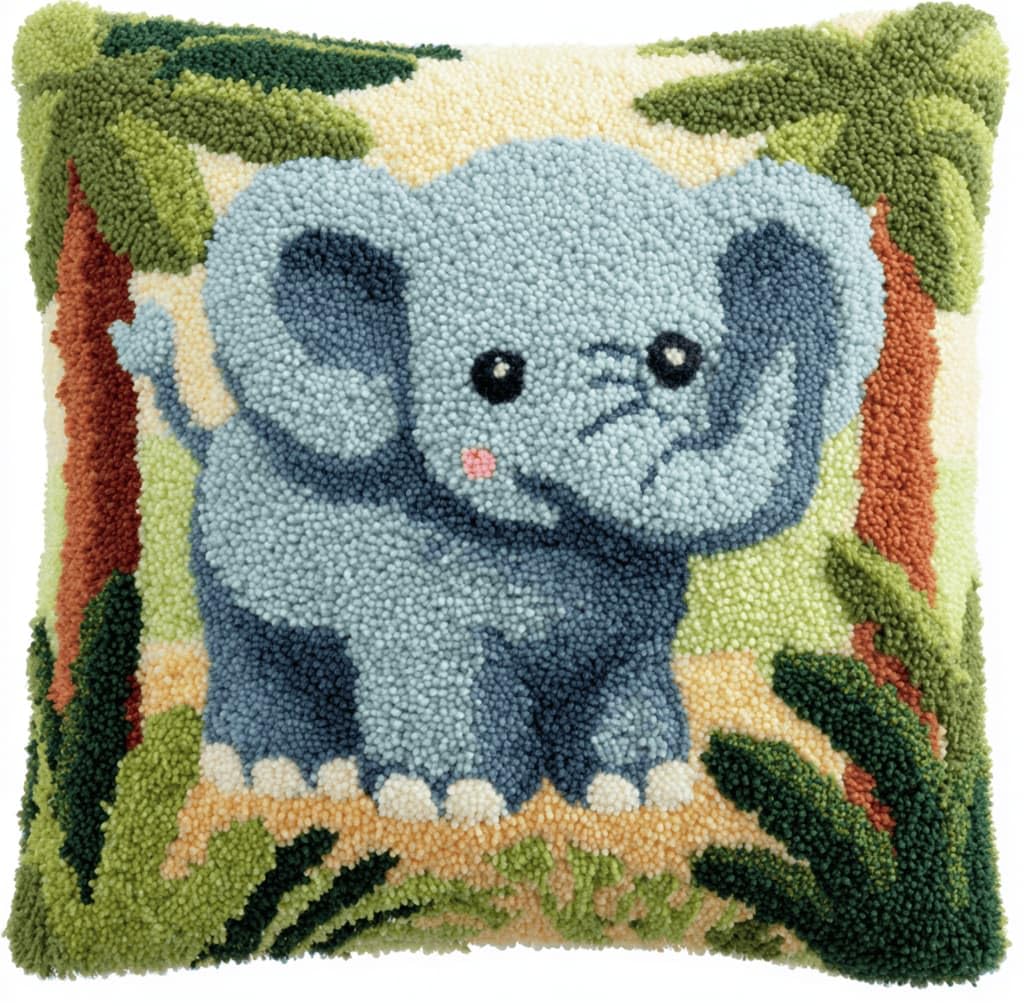 Kitquiver Latch Hook Kits Jungle Baby Elephant for Adults,Beginners DIY Latch Hook Cushion Kits and Latch Rug Kits Cross-Stitch Embroidery Cushion Cover for Home Sofa Decoration 17X17 in