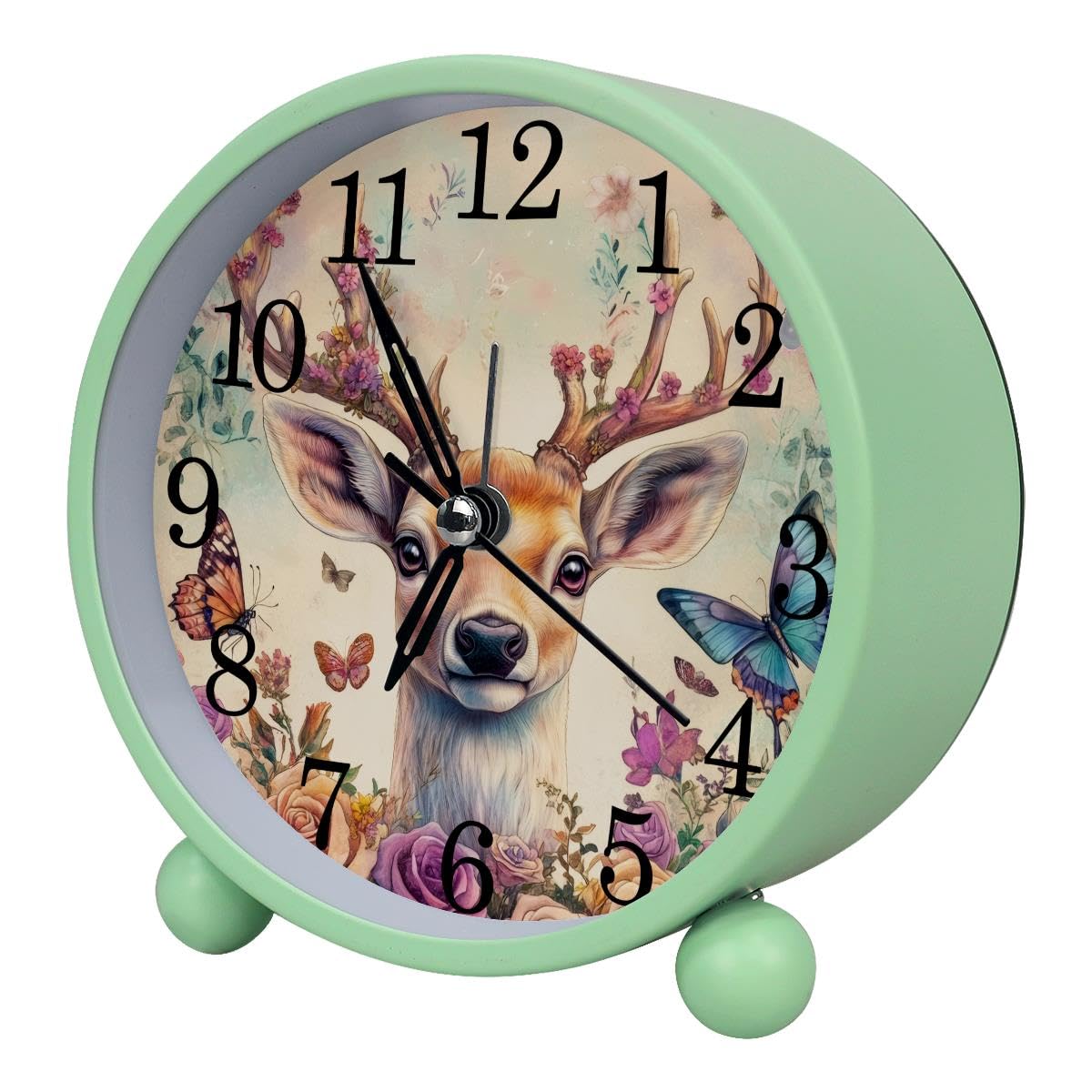 Luoweisi Alarm Clock Deer Flower, Silent Non-Ticking with Night Light, Round Metal Alarm Clock for Office, Battery Operated, Bedroom, Elderly, Adults, Children, Student Gifts