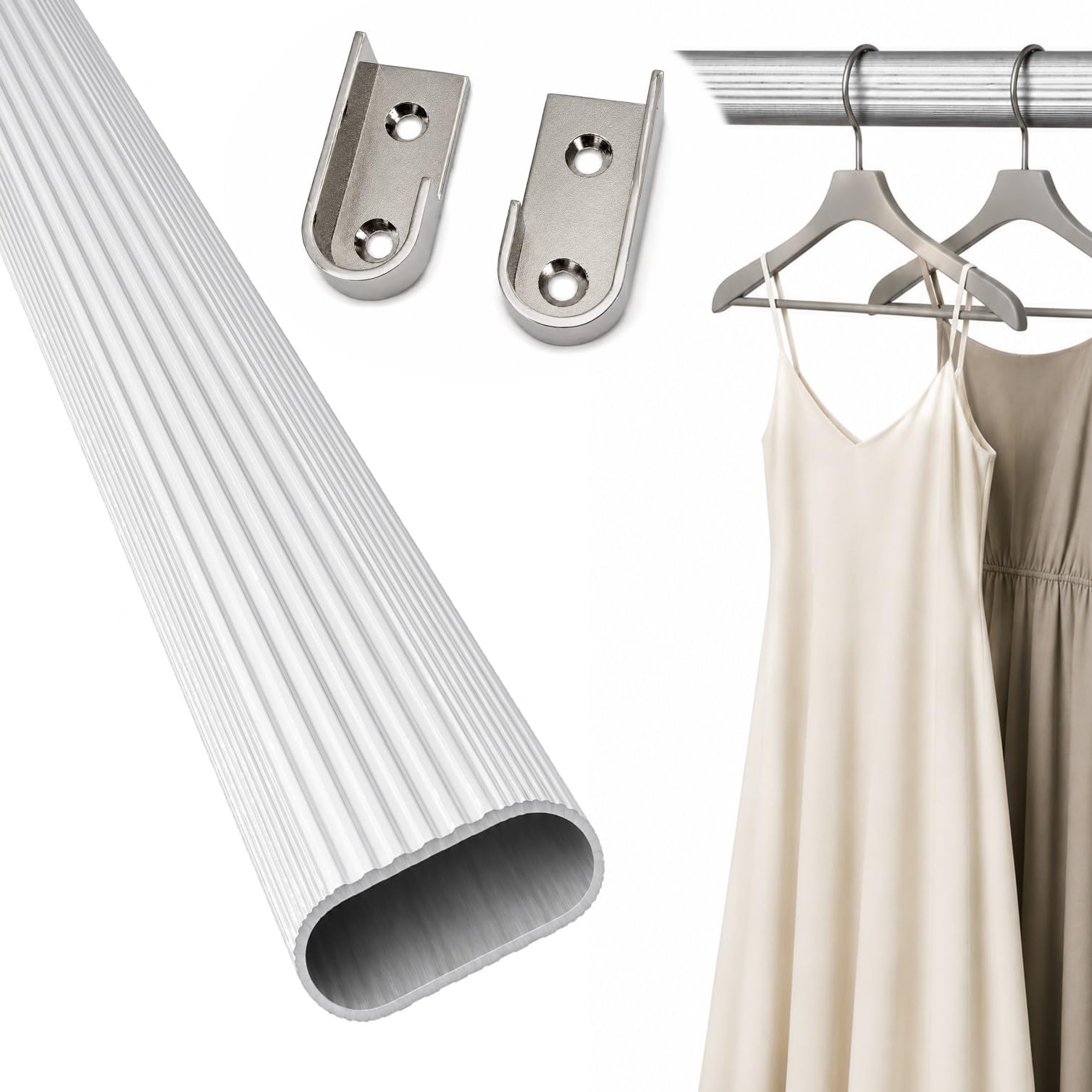 Kleiderstange für Schrank Oval 80 cm [SCHRANK- & WANDMONTAGE] Set inkl. Halter – Schrankrohr aus Aluminium als Schrankstange & Garderobenstange für Kleiderschränke – Silber