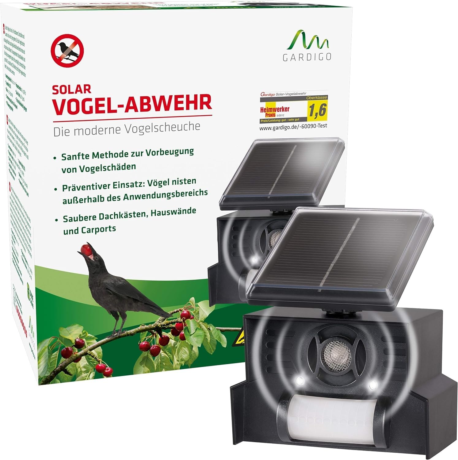 GARDIGO® Dissuasore per Piccioni | Ultrasuoni per Piccioni | Spaventa Uccelli con Pannello Solare | Deterrente Uccelli con Luce Flash a LED | 23-50 kHz | Copertura 110°/7 m | Antipiccioni