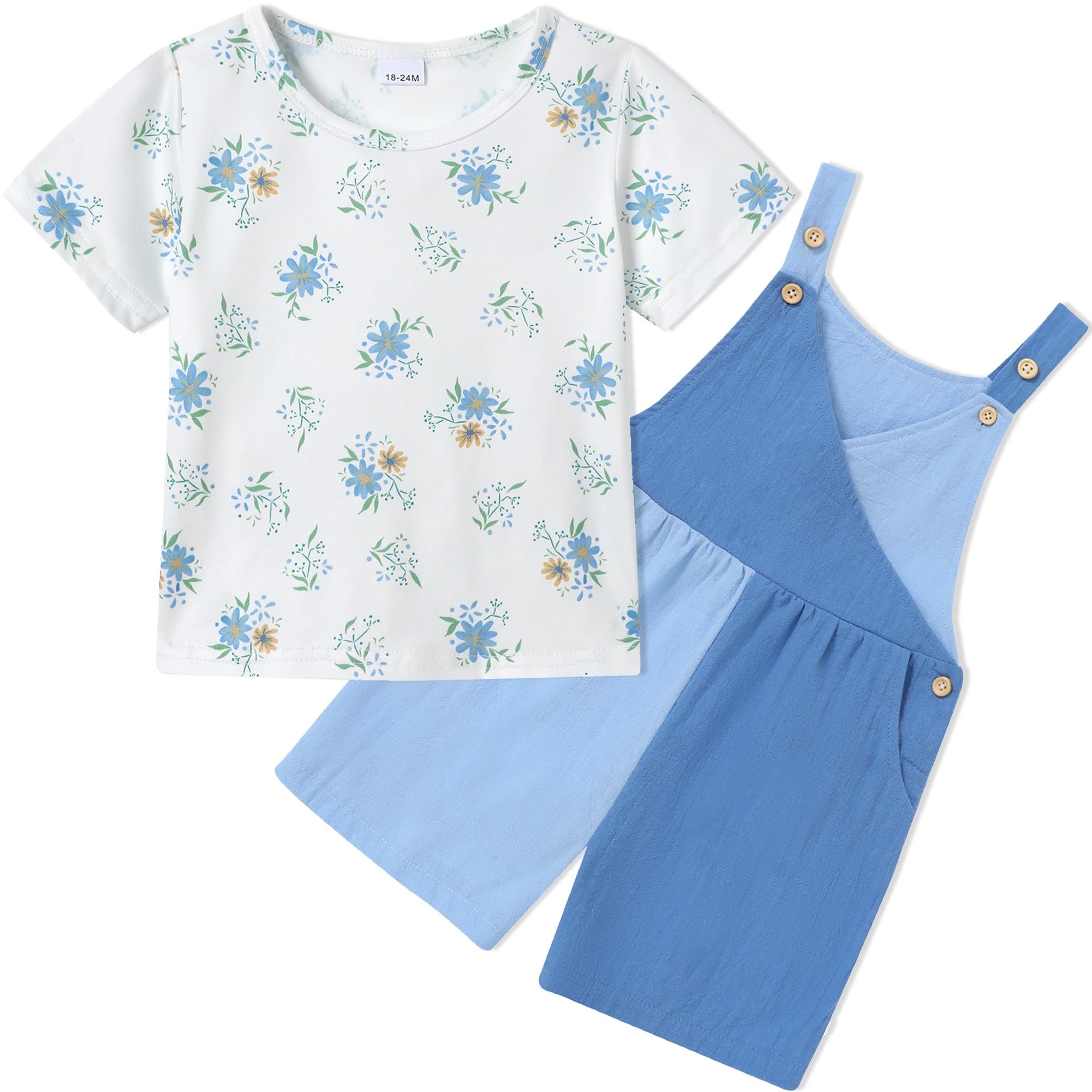 SOLOYEE Toddler Girl Clothes 1-6T Girls Summer Outfits Floral T-Shirt+Color Block Overall Shorts 2Pcs Cute Girls Clothing Set