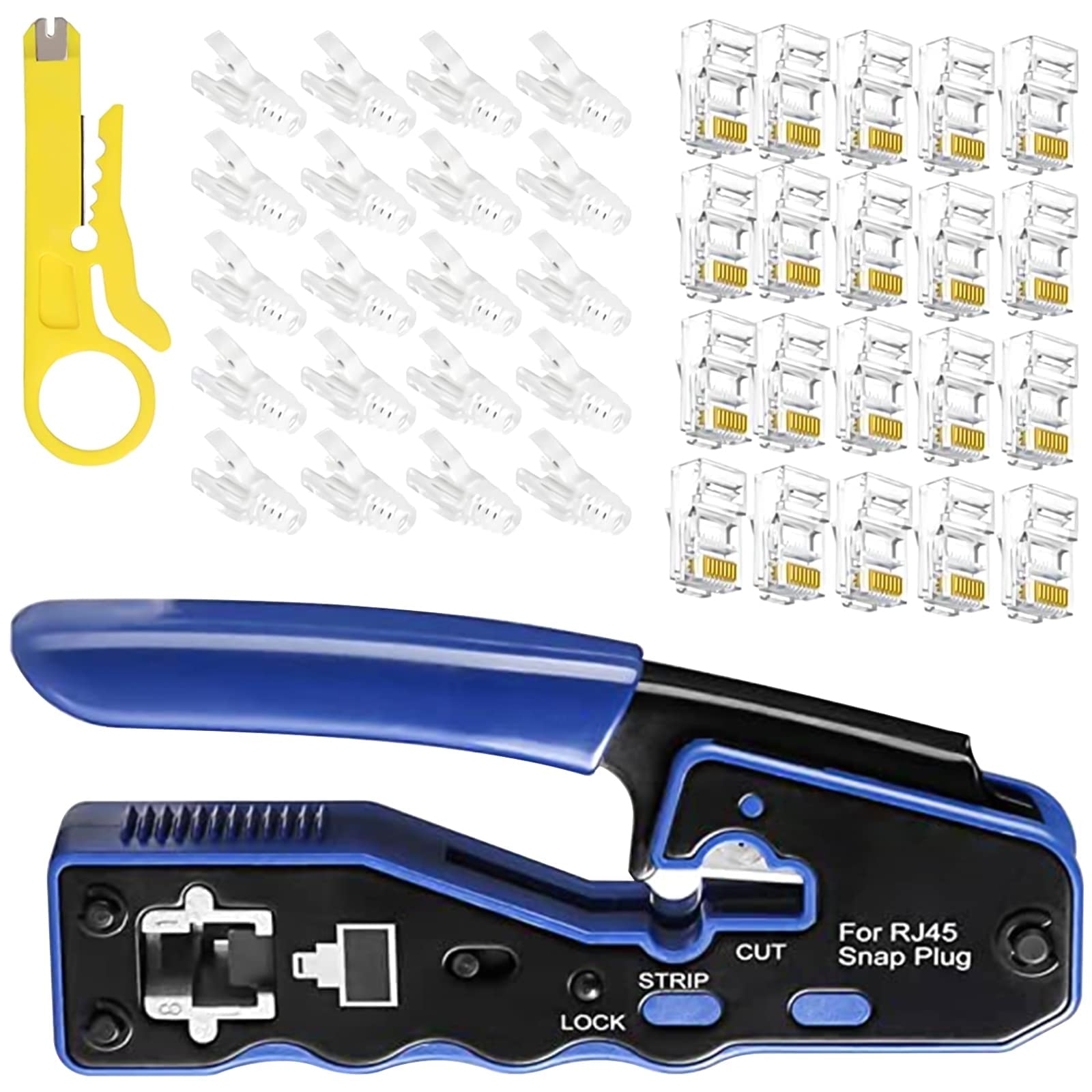 RJ45 Crimp Tool, Kit of RJ45 Crimping Tool, RJ45 Pass Through Crimp Tool with 50 PCS CAT6 Pass Through Connectors, 50 PCS RJ45 Cat6 Protection Covers and Mini Stripping Plier