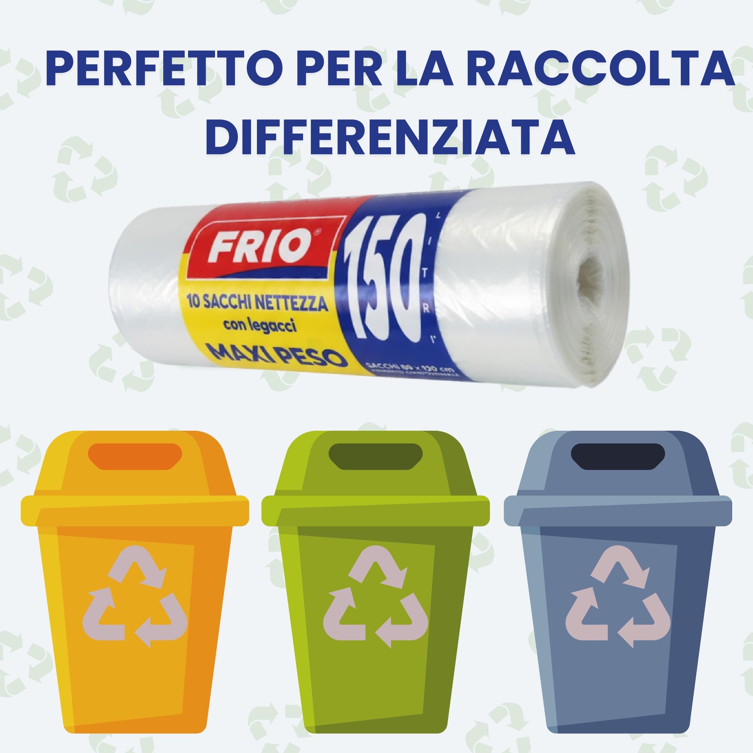 FRIO - 200 sacchetti grandi, 150 litri, trasparenti, sacchi spazzatura condominiali formato scorta per bidone raccolta differenziata, con legacci. Buste spazzatura 80x120 cm, multistrato, resistenti