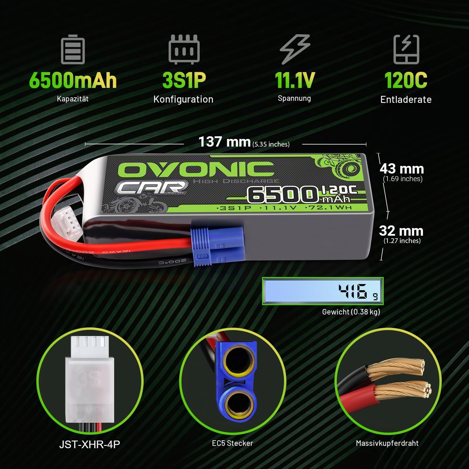 OVONIC 3s Lipo Akku 11.1V 6500mAh 120C mit EC5 Stecker Lipo Batterie für RC Auto Truck Truggy Quadcopter Hubschrauber LKW Boot Flugzeug(2PCS)