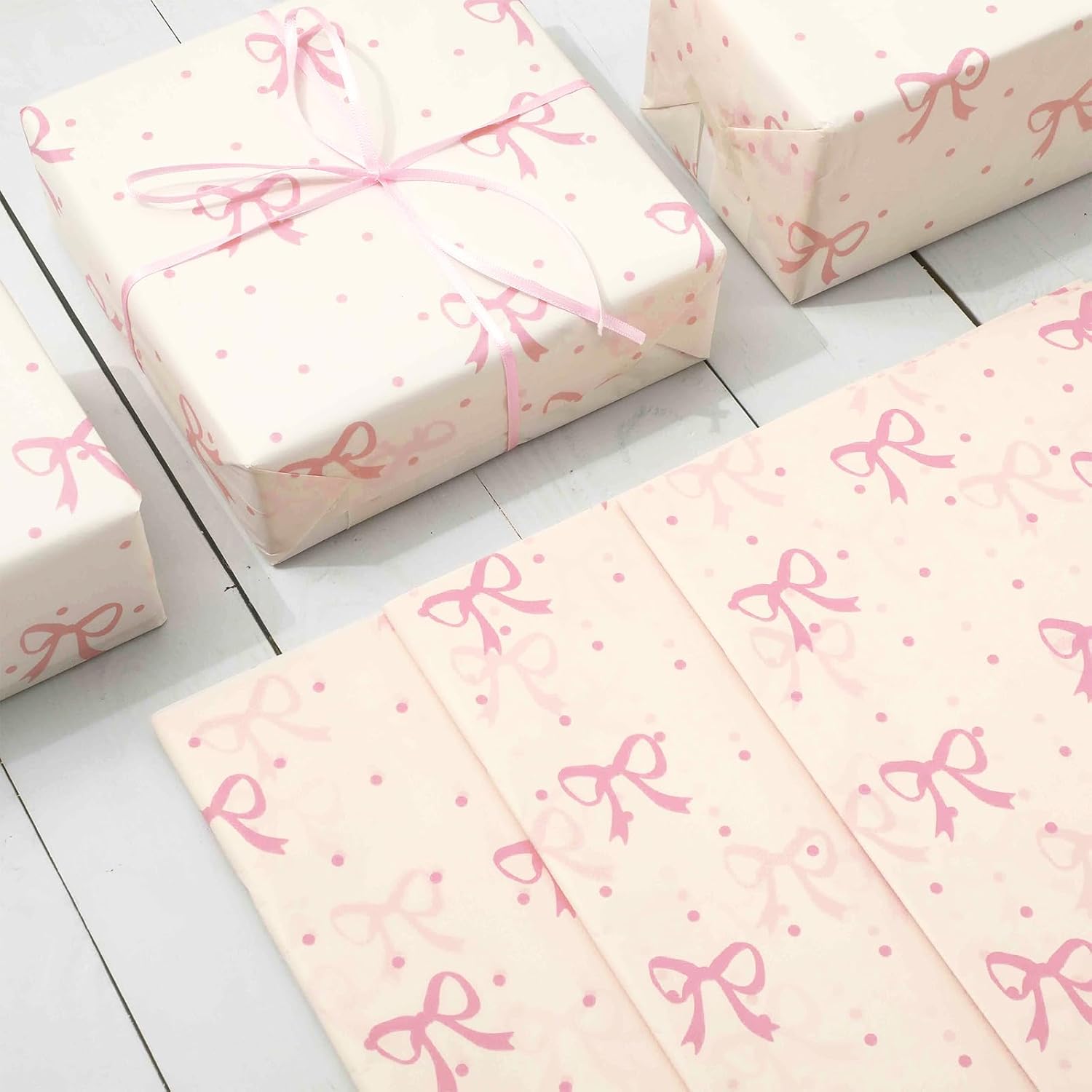 JarThenaAMCS 60 Sheets Pink Bow Tissue Paper Cute Bow Knot Dot Gift Wrapping Paper Decorative Art Tissue for Coquette Birthday Baby Shower Party DIY Crafts, 14 x 20 Inch