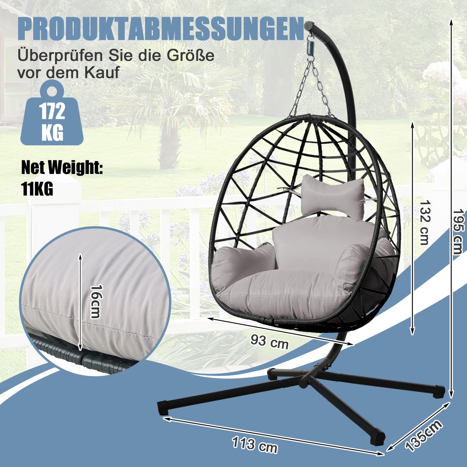 Hängesessel Ei mit Kissen & Gestell – Freistehender Hängestuhl für Innen & Außen – Faltbarer Schaukelstuhl für Garten, Terrasse & Balkon – 1-Sitzer, bis 180 kg belastbar (Schwarz)
