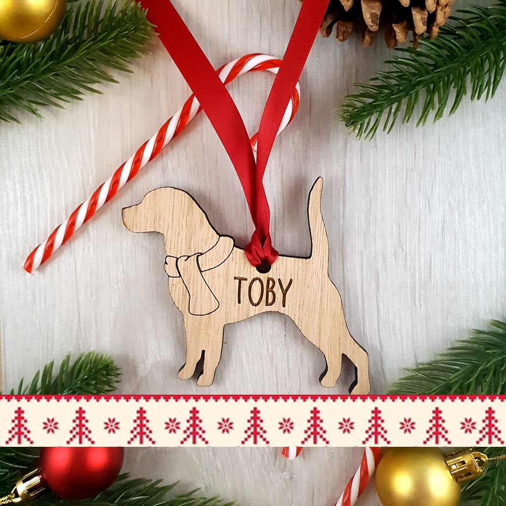 My Pretty Little Gifts Wood Personalised Beagle Dog Decoration Oak Bauble - Christmas Tree Gift Pet Xmas