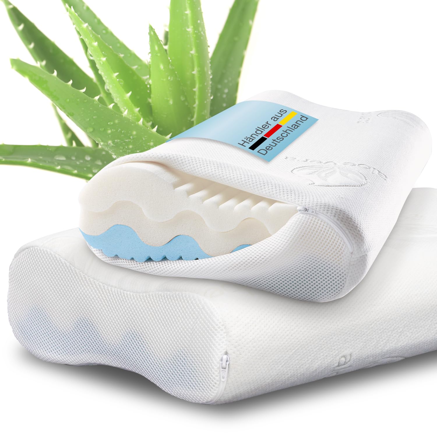 ELONEO 2er-Set Nackenstützkissen individueller Härtegrad 4-fache Höhenanpassung 3D-Abstandsgewebe, Kopfkissen mit Memory Foam inkl. Aloe Vera Klima-Bezug 60 x 35 cm, Viskoschaum