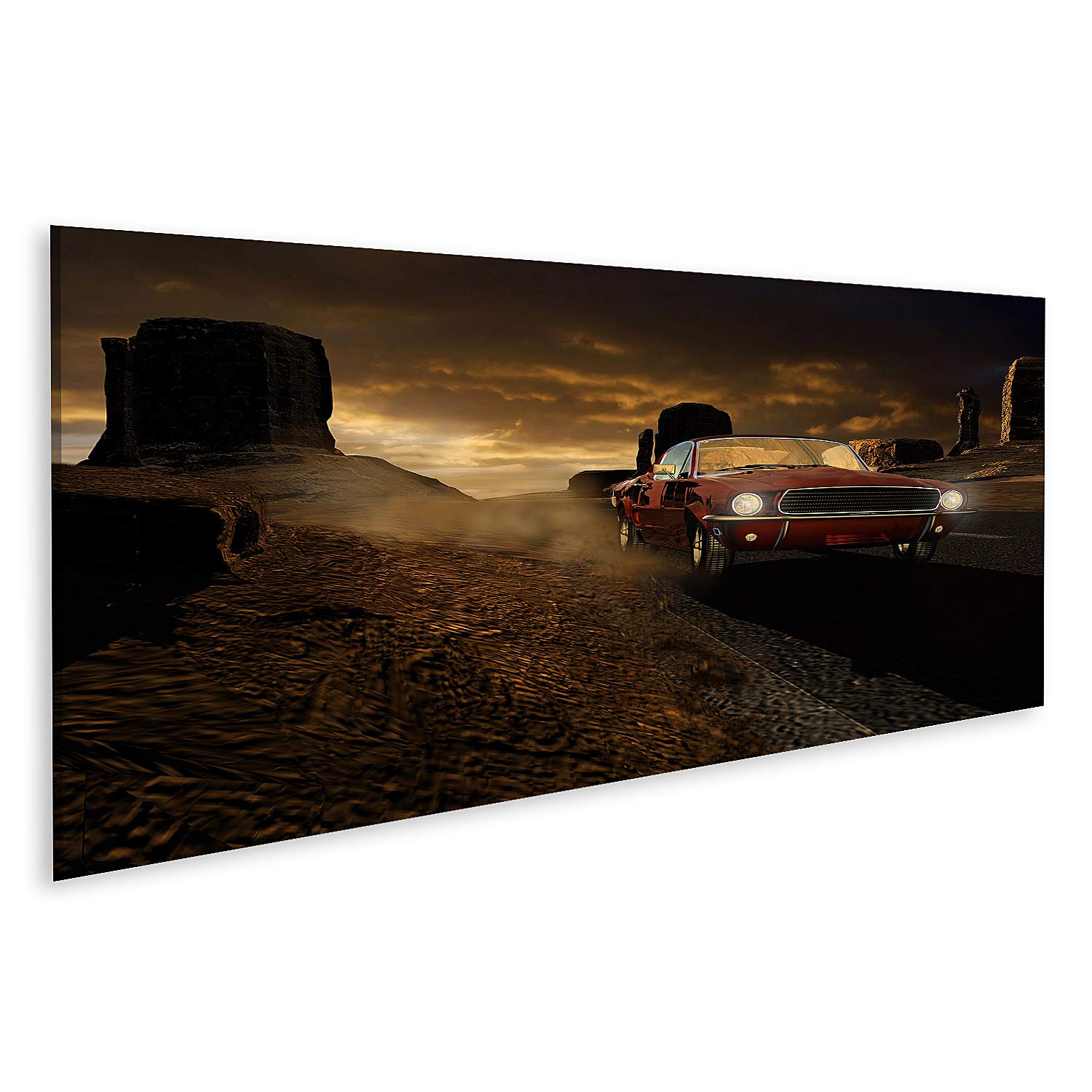 Tableau Toile Ford Mustang 1967 Rouge - Décoration Murale Monument Valley - Poster Vintage Voiture