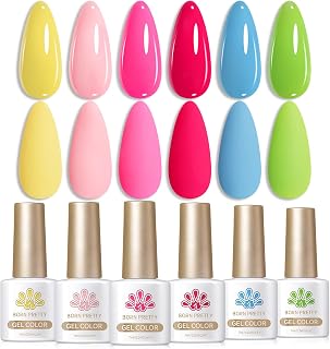 Born Pretty Neon Gel Nail Polish Spring Summer Hot Pink Green Blue Yellow Bright Rainbow Candy Sweet Color Gel Polish Kit Nail Art Manicure DIY Home Salon 6PCS