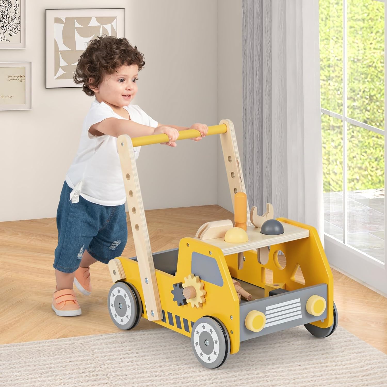 FANTASK Andador de madera, 2 en 1 Baby Walker, andador con centro de actividad múltiple y banco de trabajo, carrito para niños a partir de 1 año en interior