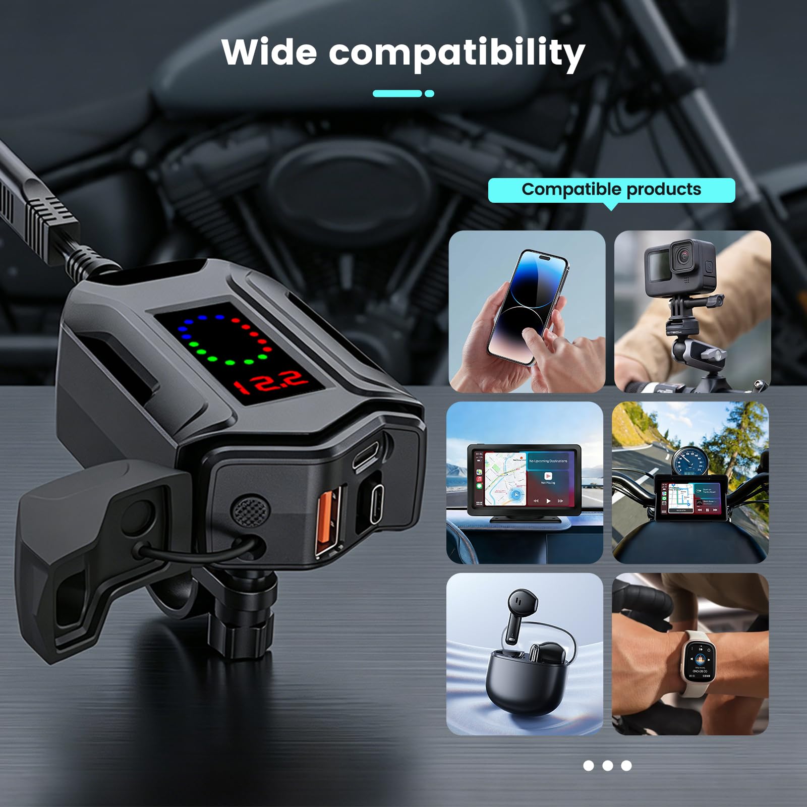 USB Moto Impermeabile con un cavo di ricarica rapida Type-C retrattile lungo 70 CM, 3 in 1 Caricabatterie da Moto per Cellulare USB con Interruttore Voltmetro LED per SUV Marine Motorcycle (2)