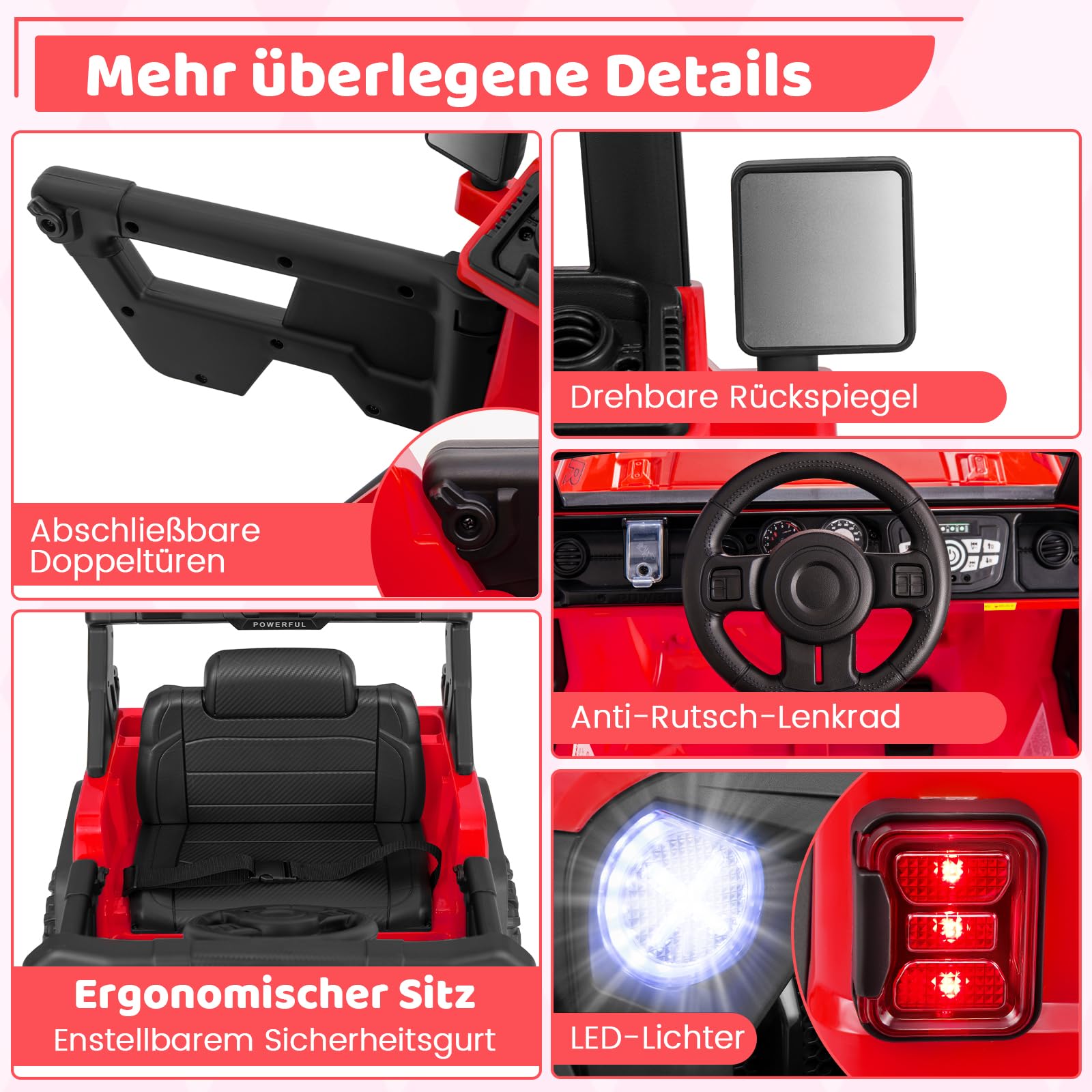 COSTWAY Elektroauto, 12V Kinderfahrzeug Elektrisch mit 2,4G Fernbedienung & USB & Licht & Musik, 1-5 km/h, für Kinder ab 3 Jahre (Rot)