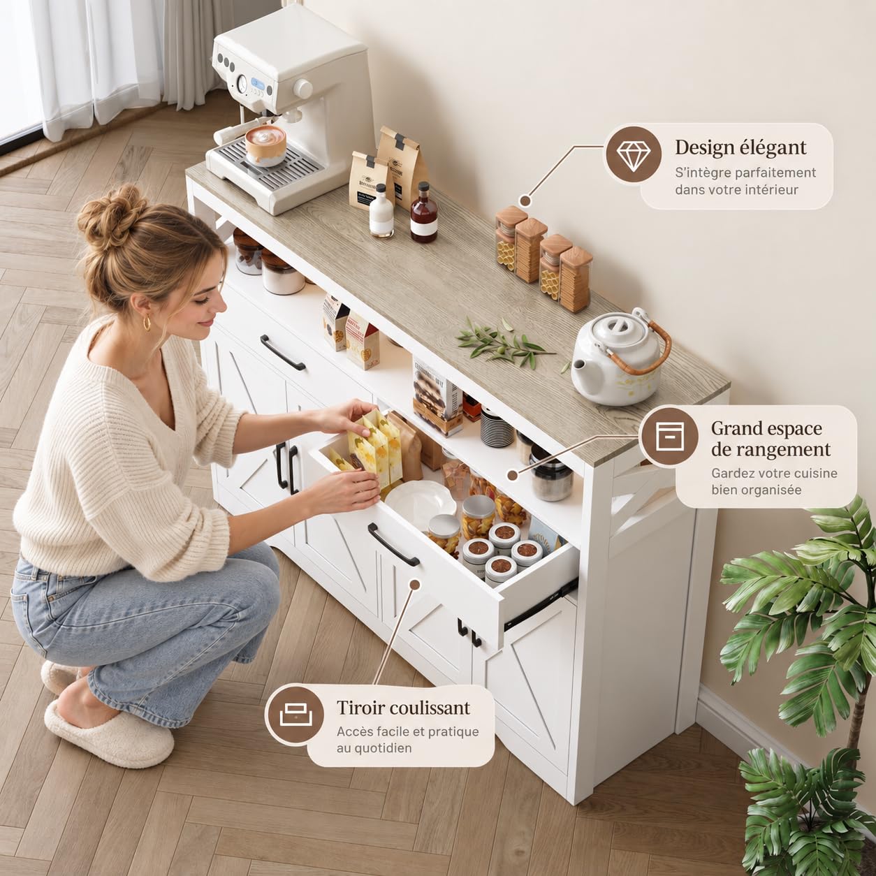 Commode Buffet 4 Portes 2 Tiroirs, Meuble Bas Élégant en Bois Blanc, Parfait pour Salon, Cuisine ou Couloir, 140x40x105 cm