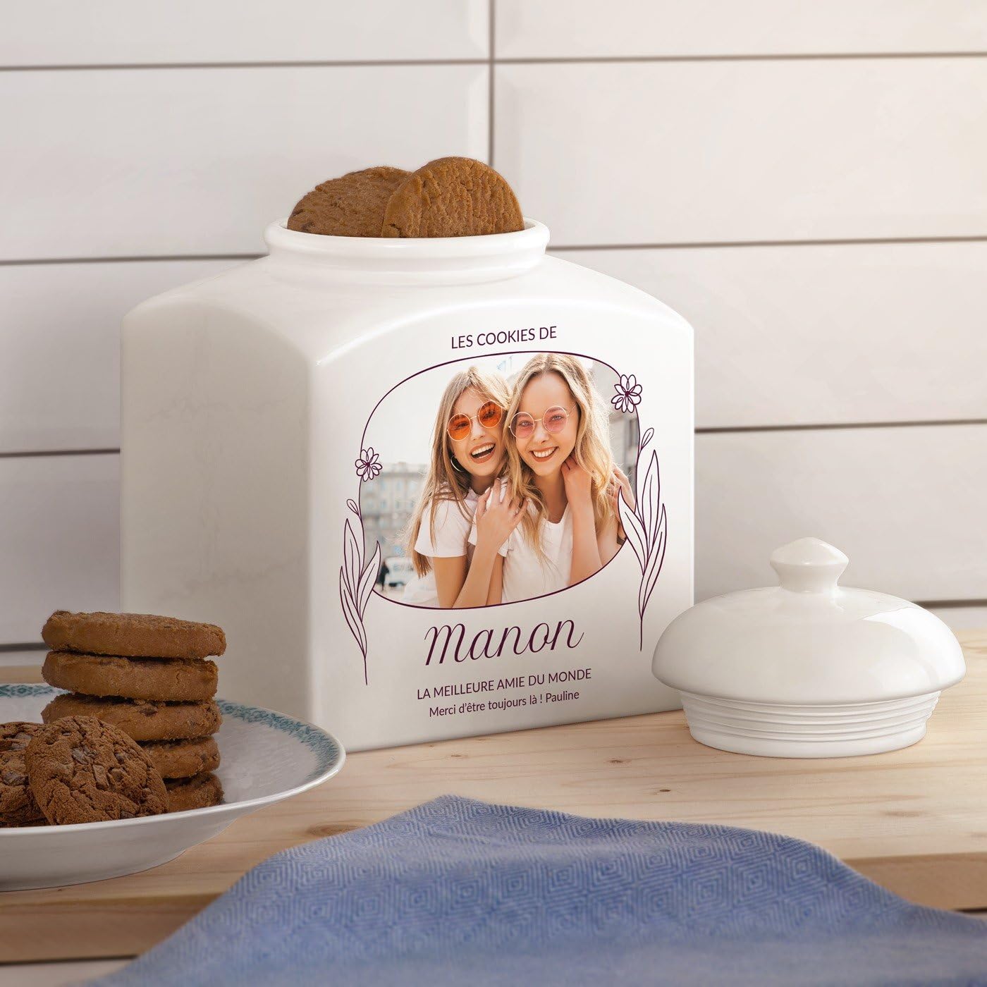 Maverton Pot à biscuits avec impression pour femme - Bocal à Bonbons personnalisé pour elle - Pot de stockage en céramique avec couvercle - pour anniversaire - pour maman - photo avec meilleure amie