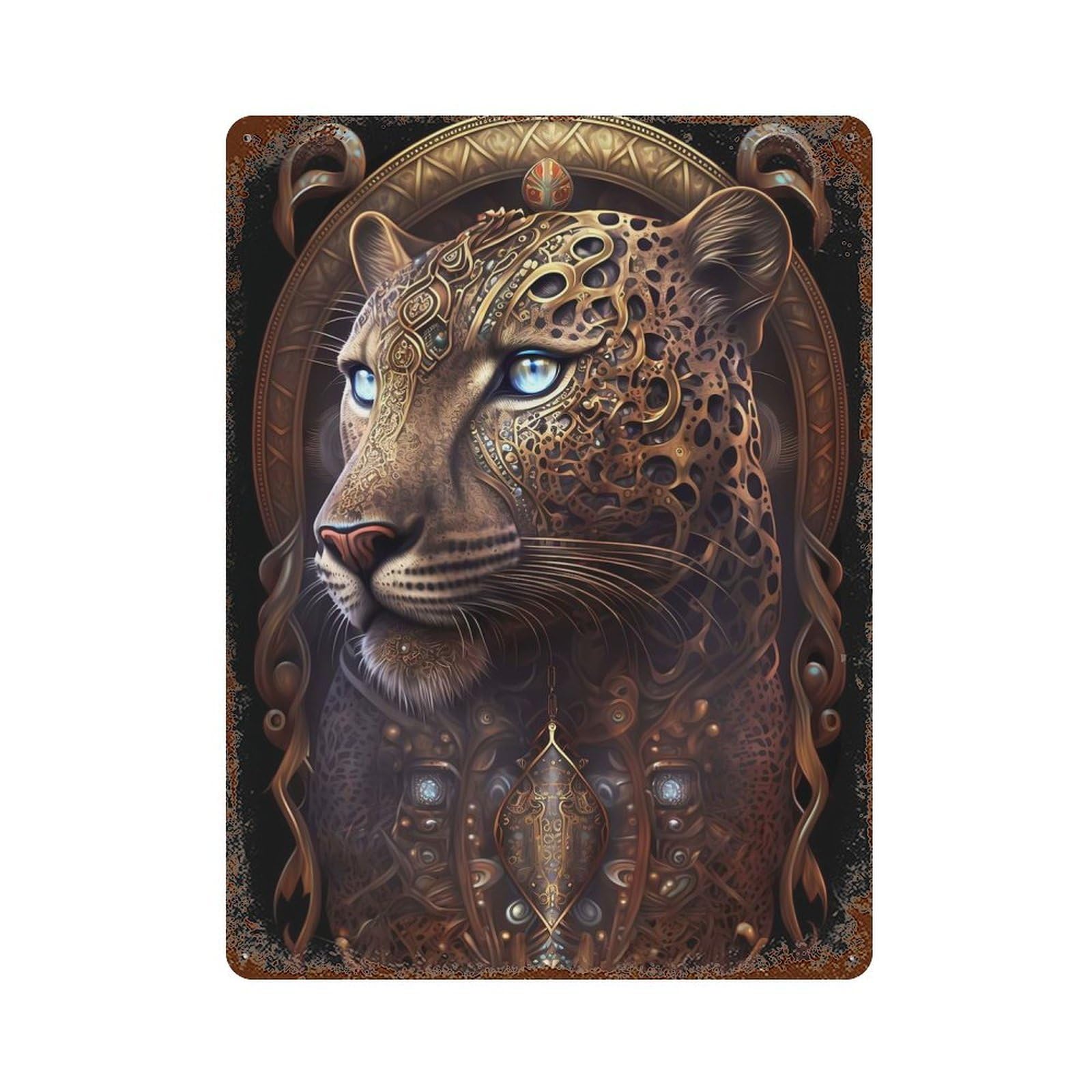 Rust Effect Spiritual Cosmic Leopard Rustic Tin Plaque 15.7"x11.8", Shabby Chic Decor for Basement, Hobby Room And Garage Decor
