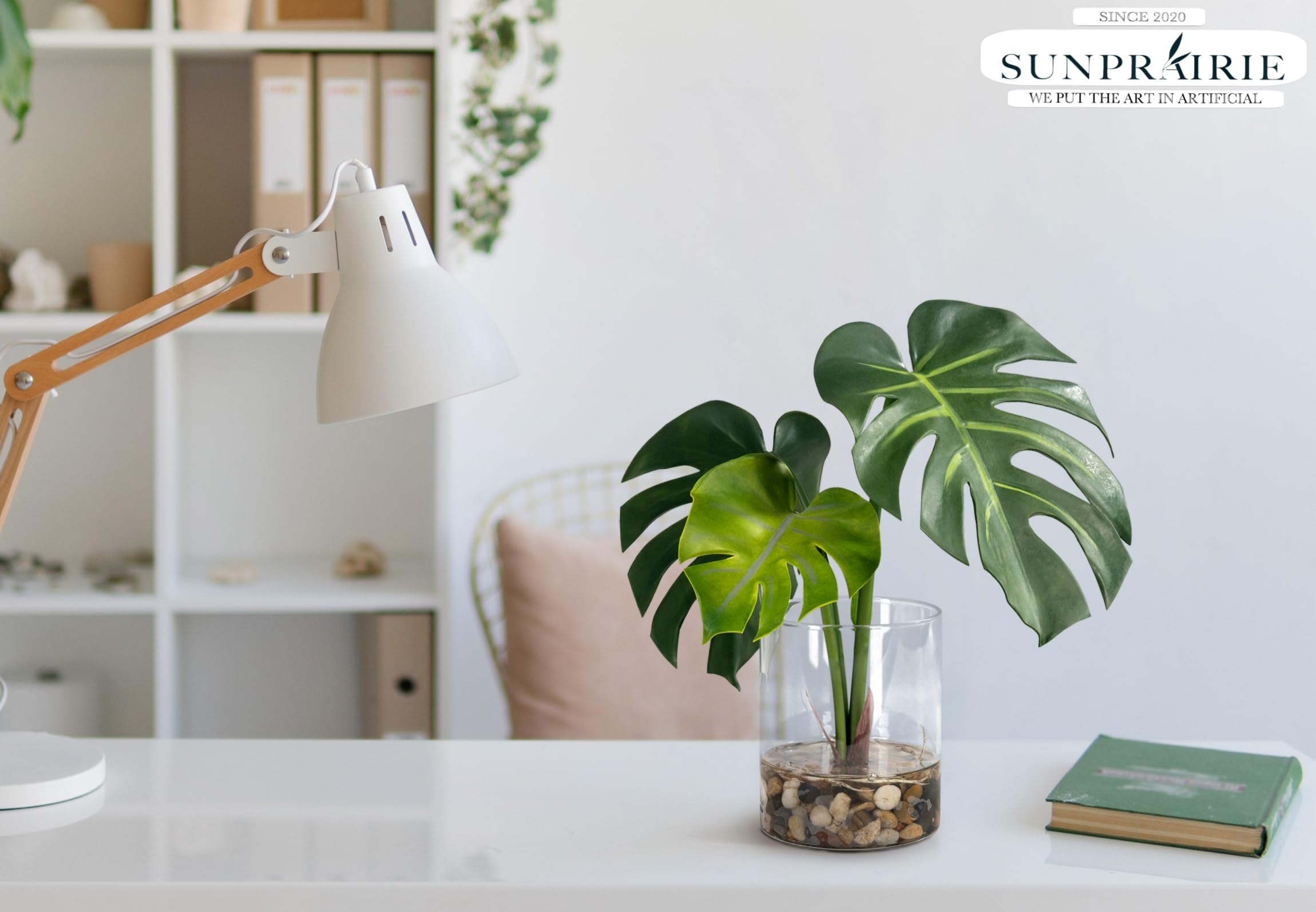 SUNPRAIRIE Plante artificielle réaliste en pot transparent avec de l'eau artificielle, larges feuilles de monstera, plantes artificielles d'intérieur et d'extérieur