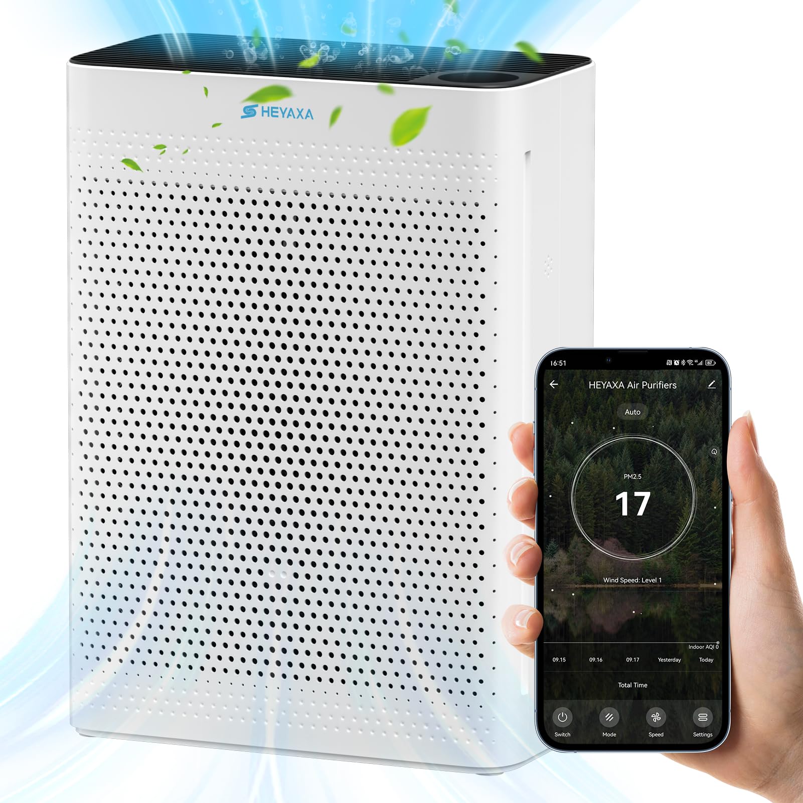 HEYAXA Purificatori d'aria per la casa, grandi stanze fino a 2000 m² con monitor della qualità dell'aria, filtro promemoria, modalità sleep 21 dB, Wi-Fi e timer, filtri lavabili, purificatore d'aria