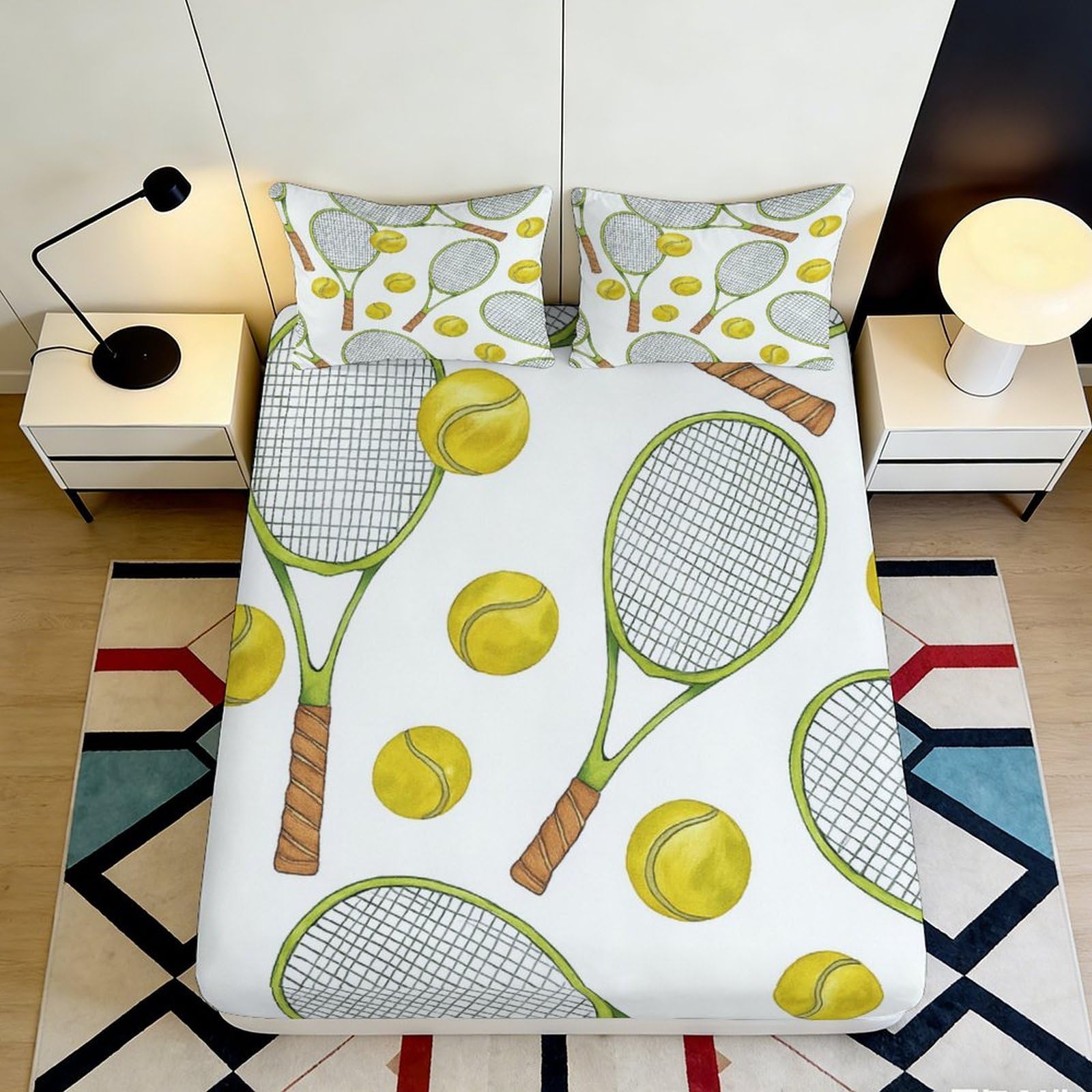 3D Printed Tennis Racket Fitted Sheet Microfiber Soft Breathable Tennis Ball Mattress Cover for Bedroom Dorm Decor 90x200x25cm
