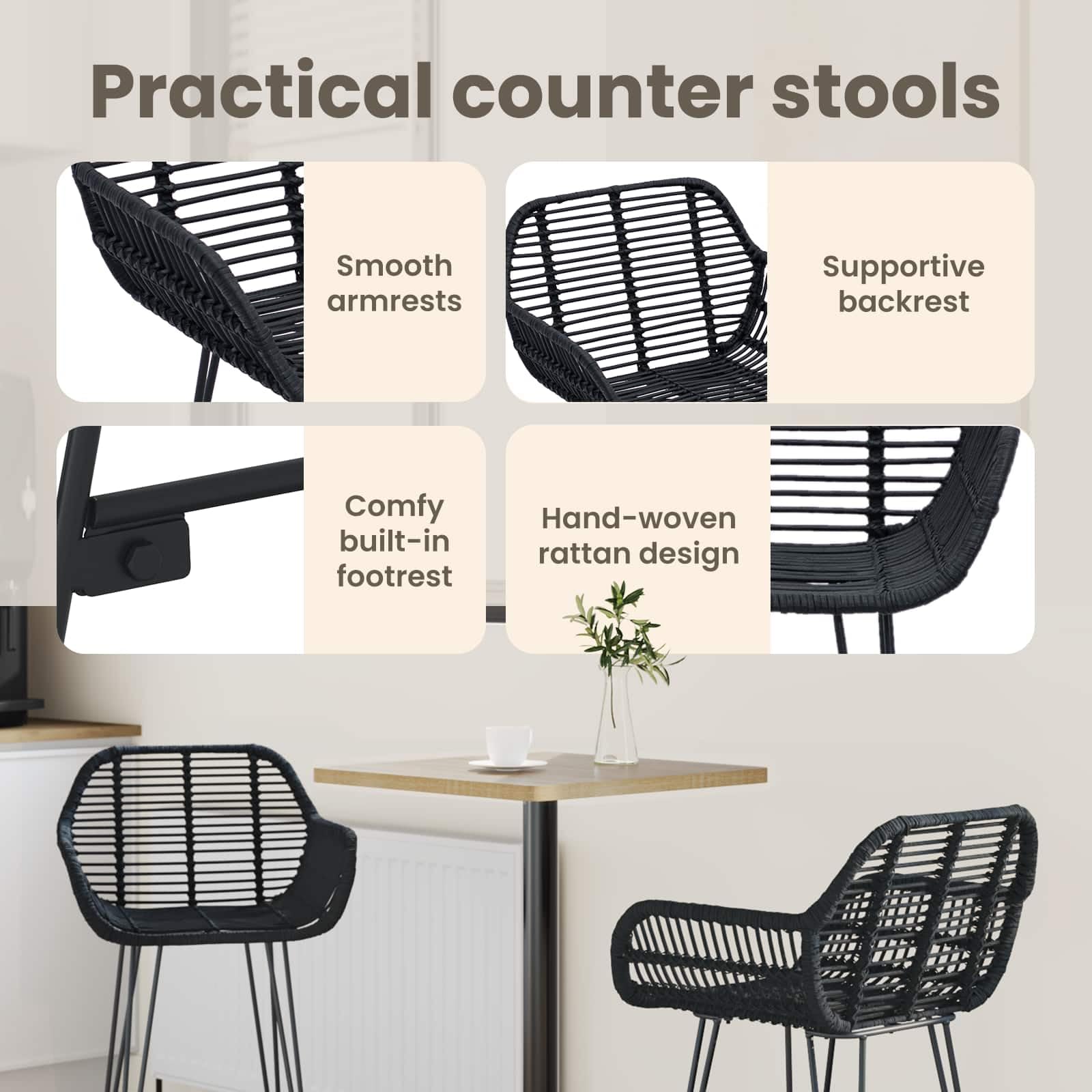 vidaXL Silla de Bar 2 uds. Negro 55 x 52 x 92 cm Ratan e Hierro