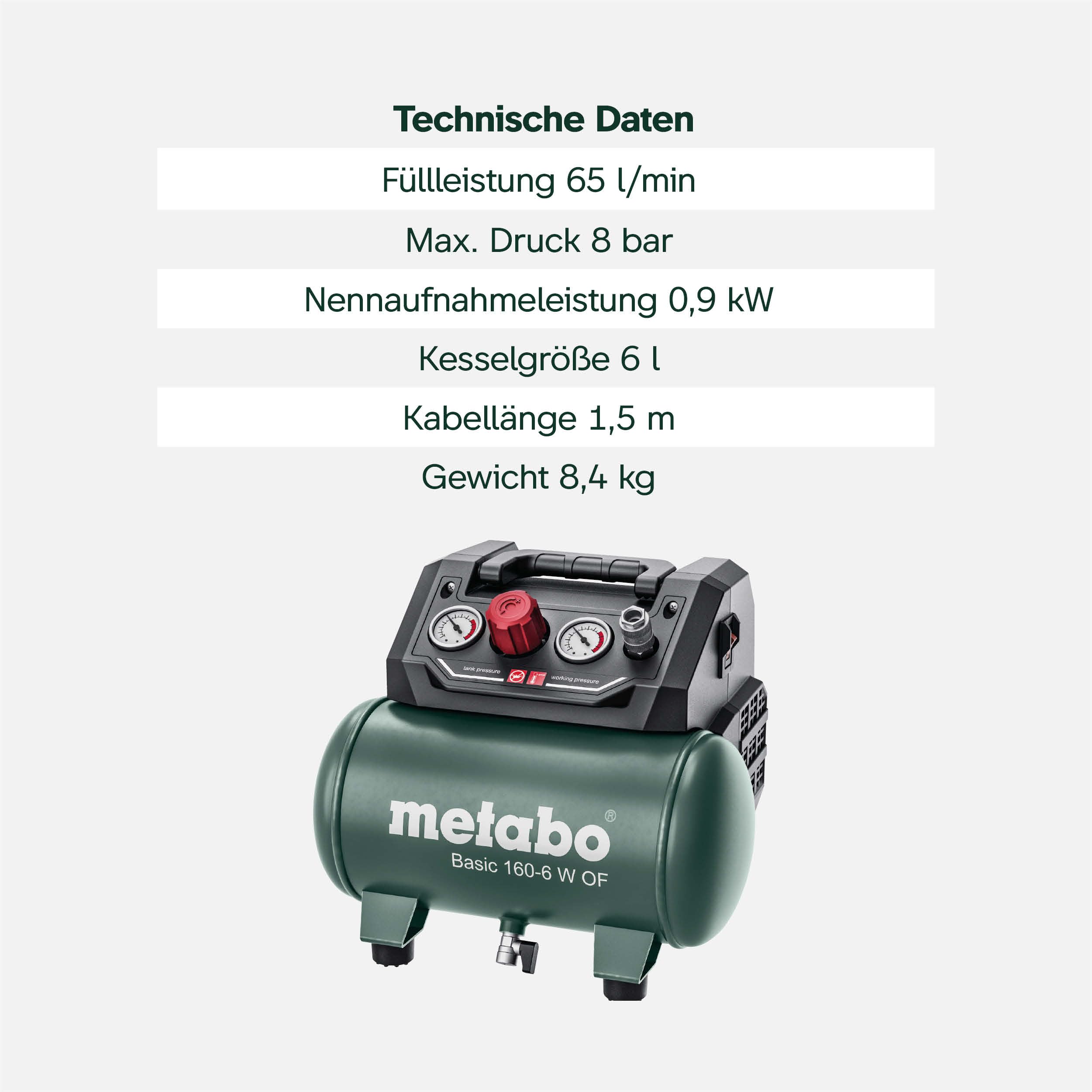 metabo Kompressor Basic 160-6 W OF, 6 l Druckluftkompressor, Tragbar