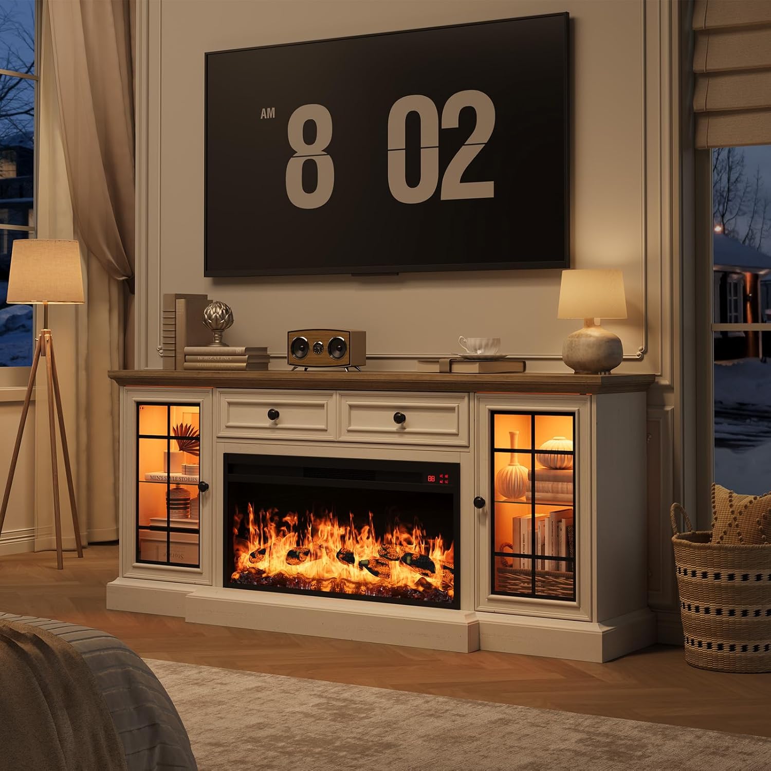 Fireplace TV Stand Up to 80" TVs, 70'' Modern Entertainment Center with 36" Electric Fireplace & LED Lights, Farmhouse Media Console with Storage Cabinet & Drawer for Living Room, Antique White