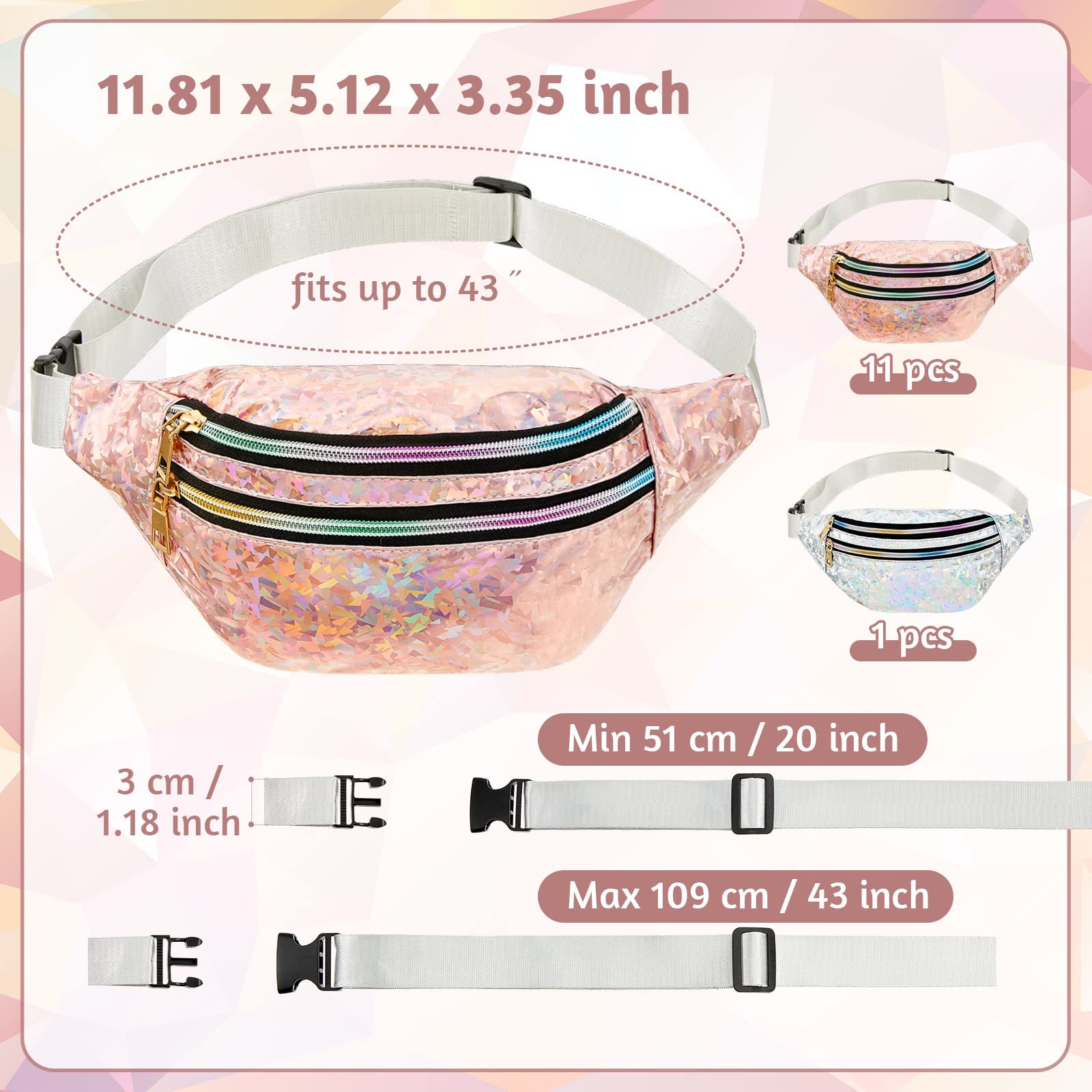 Dunzy Holografische Bauchtasche für Junggesellinnenabschiede, für Junggesellinnenabschiede, Hochzeit, Party, wasserdicht, 12 Stück, Champagner, Silber, Small