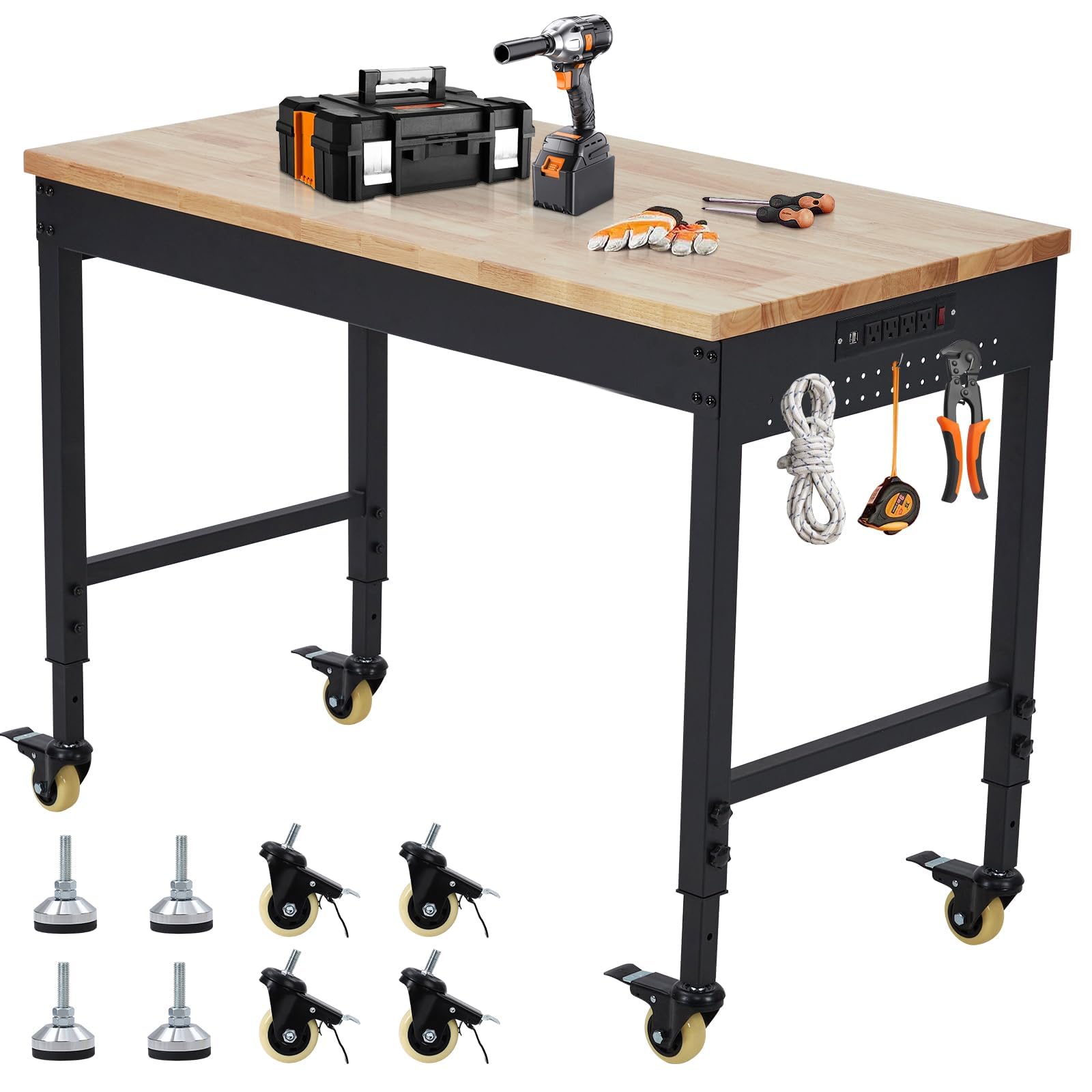 Klysiora 75" X 25" Workbench Garage Workbench with Power Outlet Height Adjustable Rubberwood Top Workbench Rolling Heavy Duty Workbench with Locking